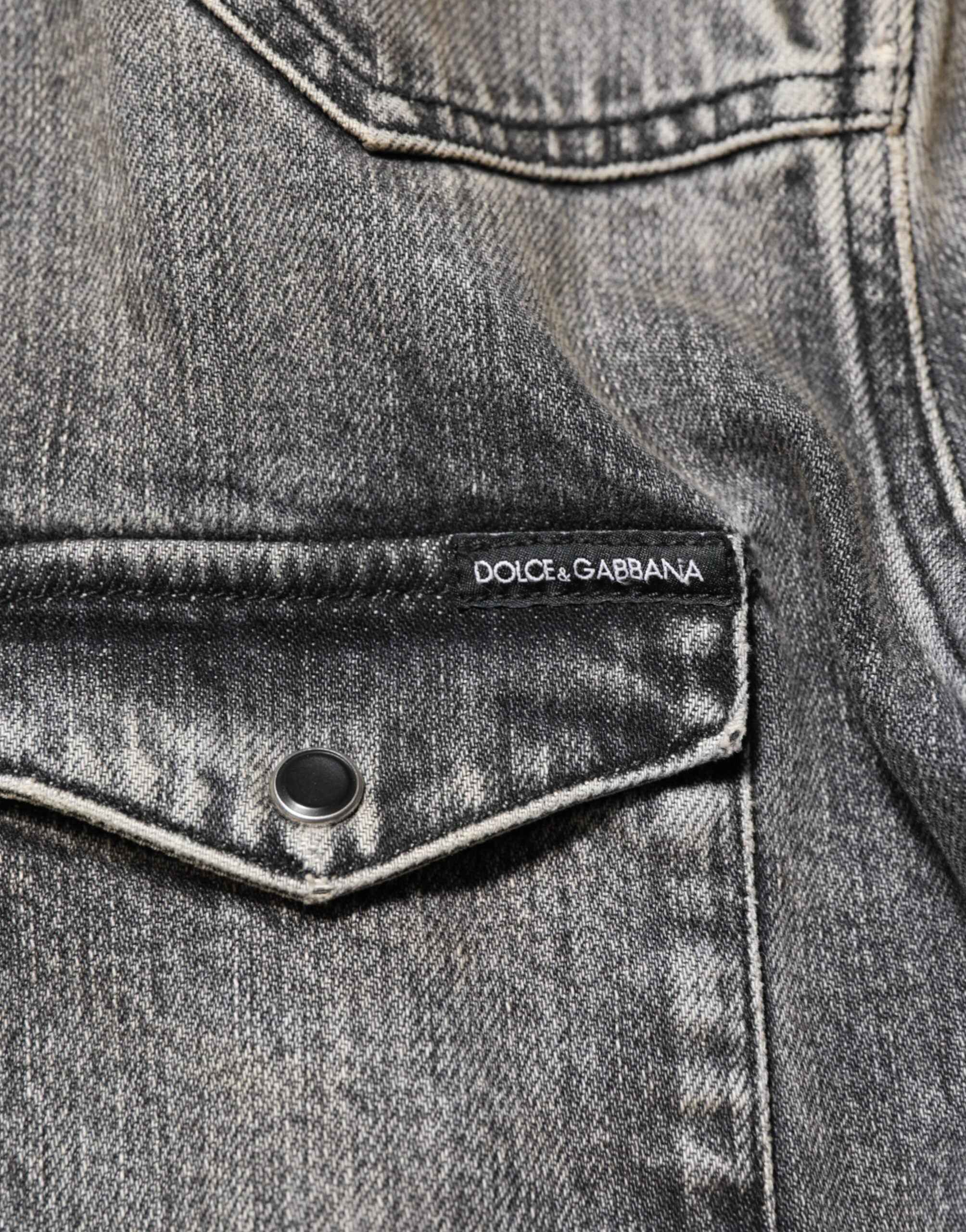 Dolce & Gabbana Black Washed Cotton Snap Long Sleeve Casual Shirt