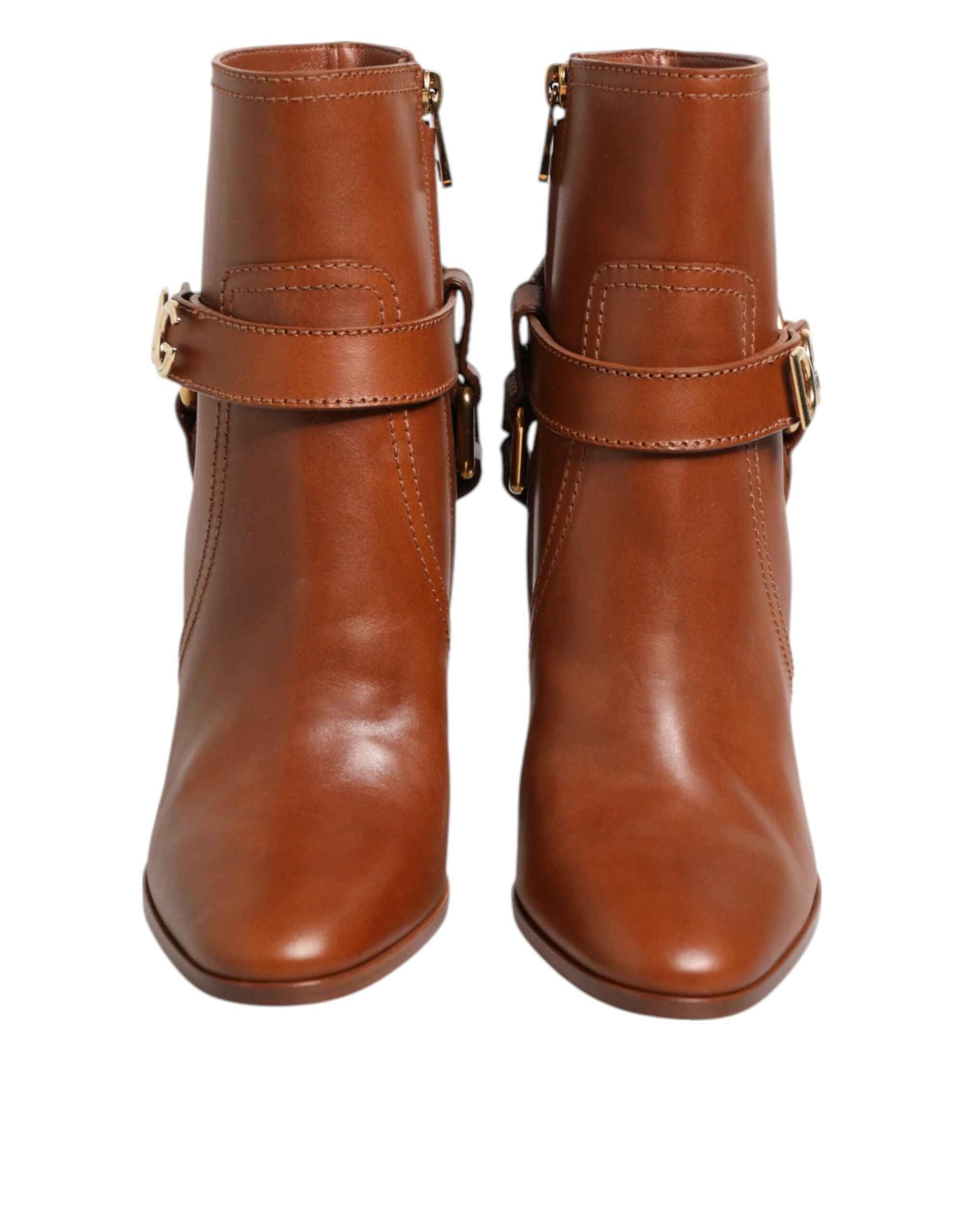 Dolce & Gabbana Brown Leather DG Logo Buckle Ankle Boots Shoes