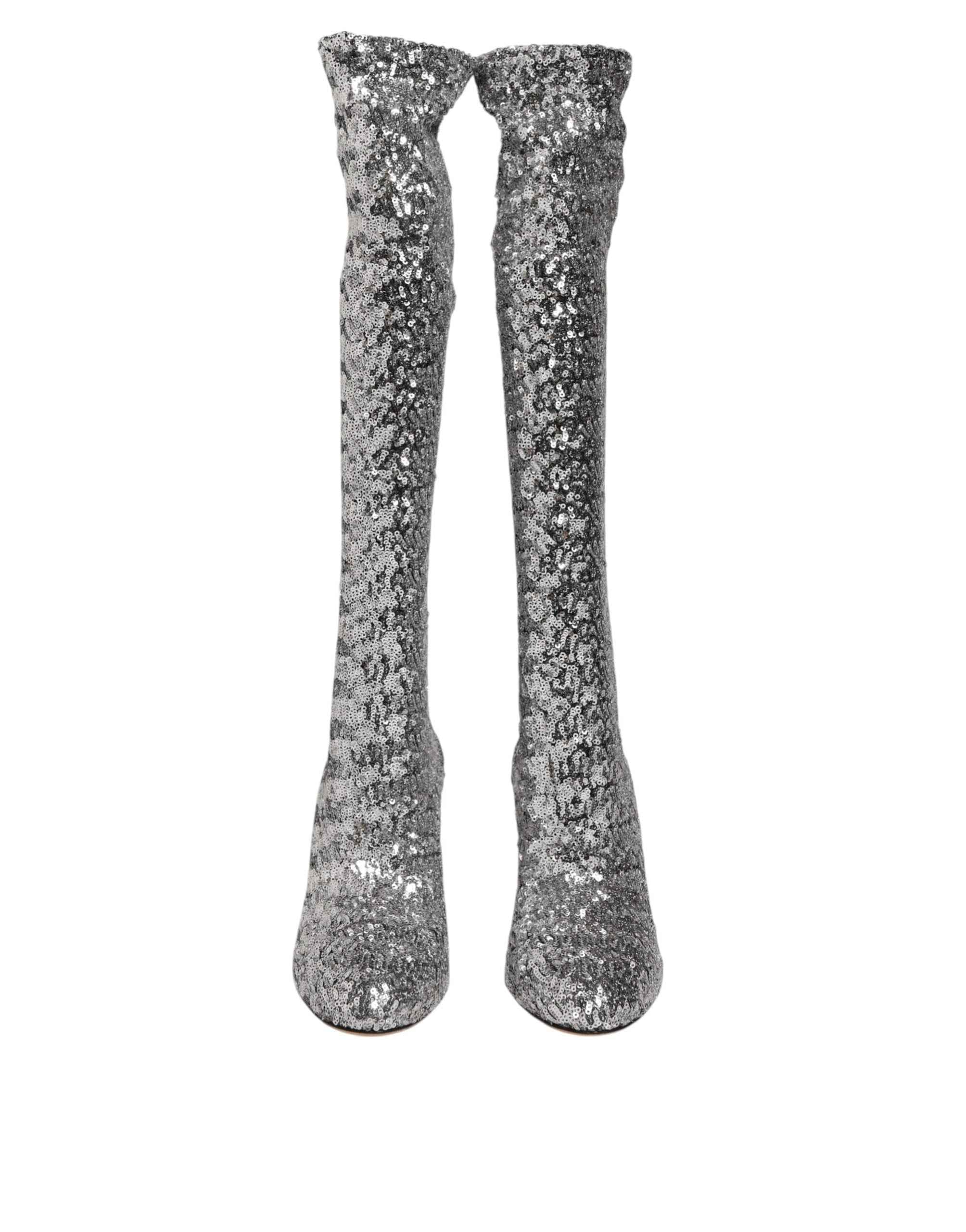 Dolce & Gabbana Shoes Silver Sequins Glitter High Heel Boot Shoes