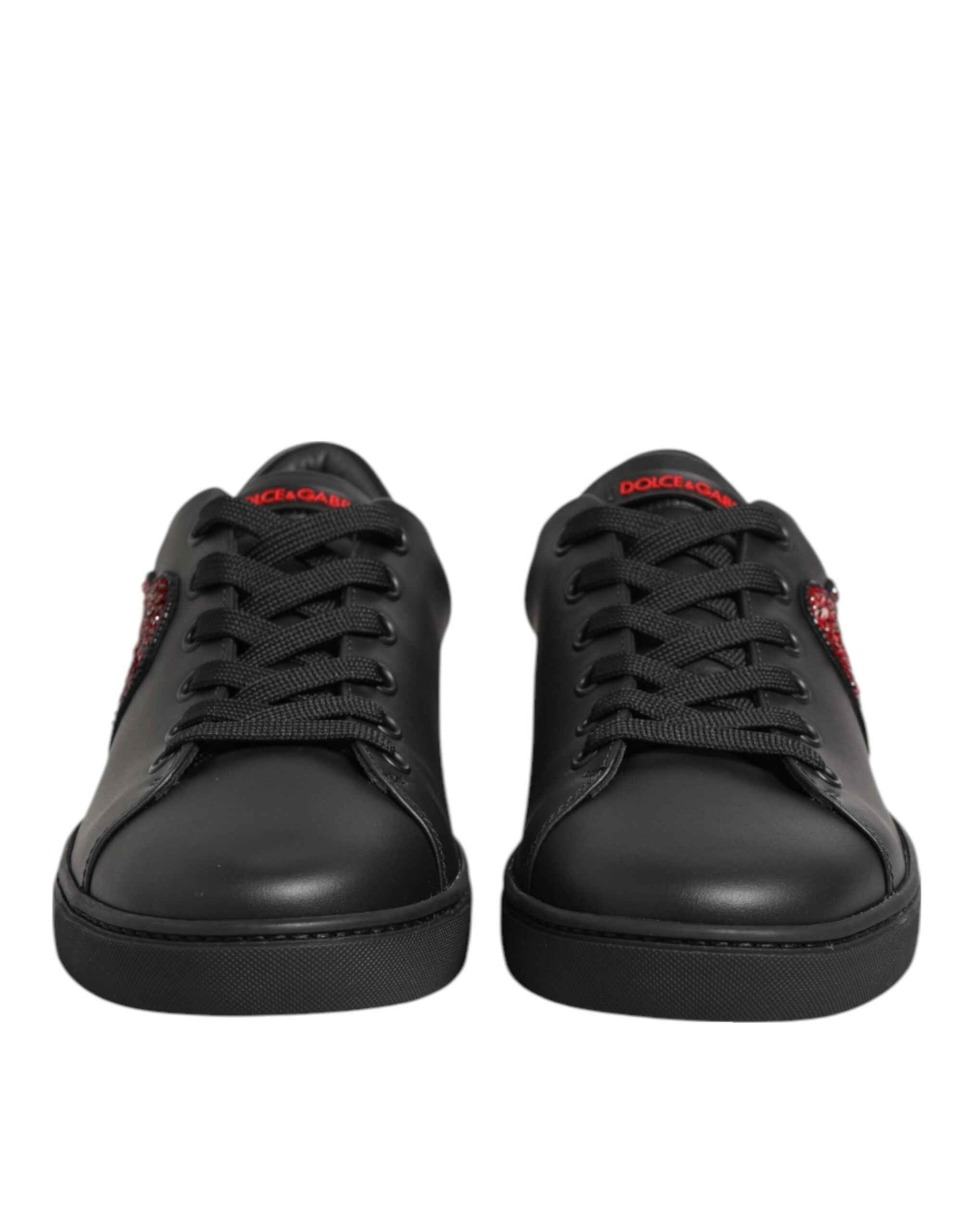Dolce & Gabbana Black Leather Crystal Heart Low Top Sneakers Shoes