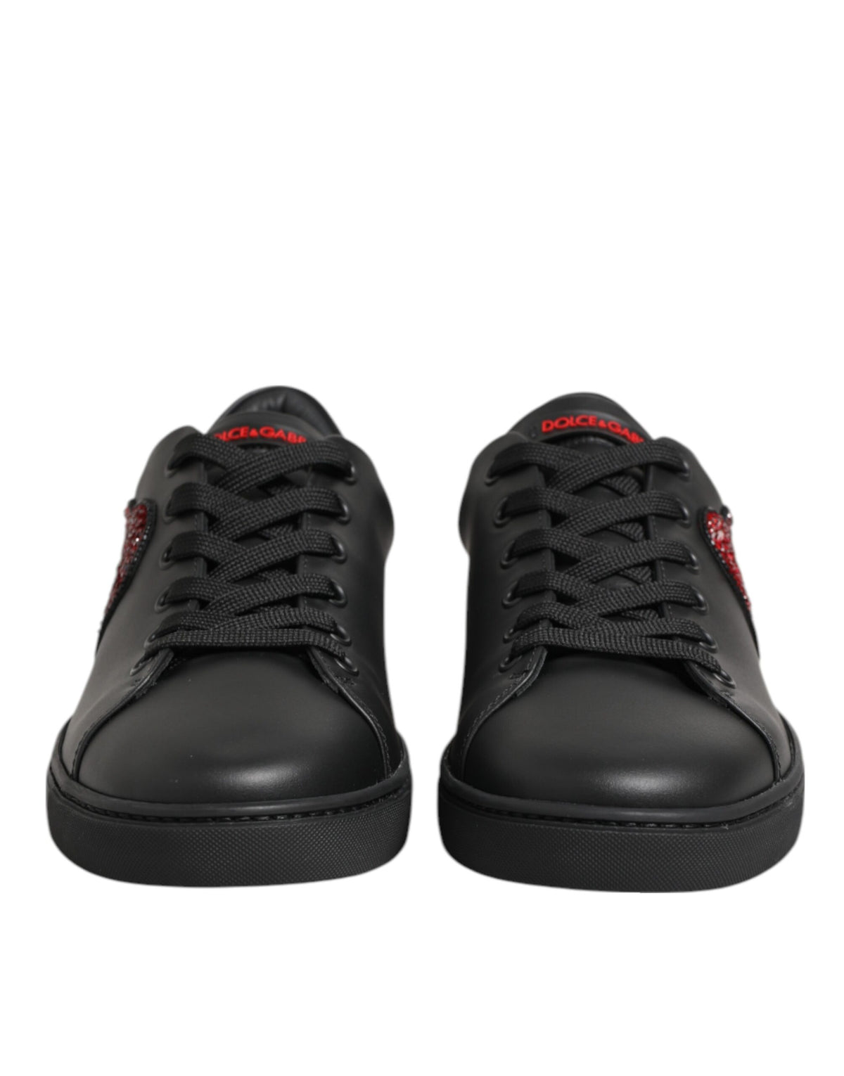 Dolce & Gabbana Black Leather Crystal Heart Low Top Sneakers Shoes