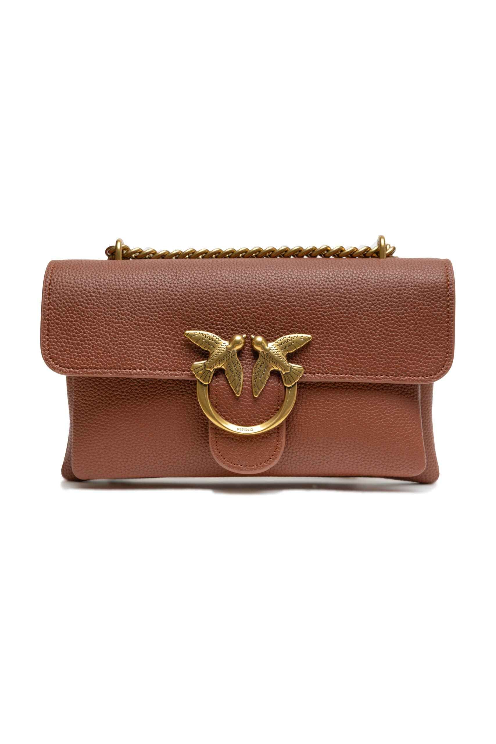 PINKO Brown Leather Love Boucle Riga Shoulder Bag