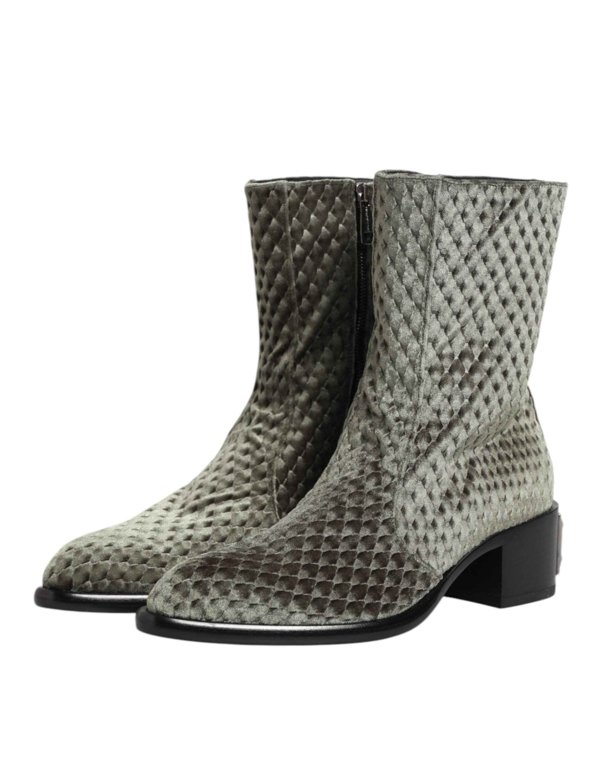 Dolce & Gabbana Gray Cotton Velvet Mid Calf Short Boots Shoes