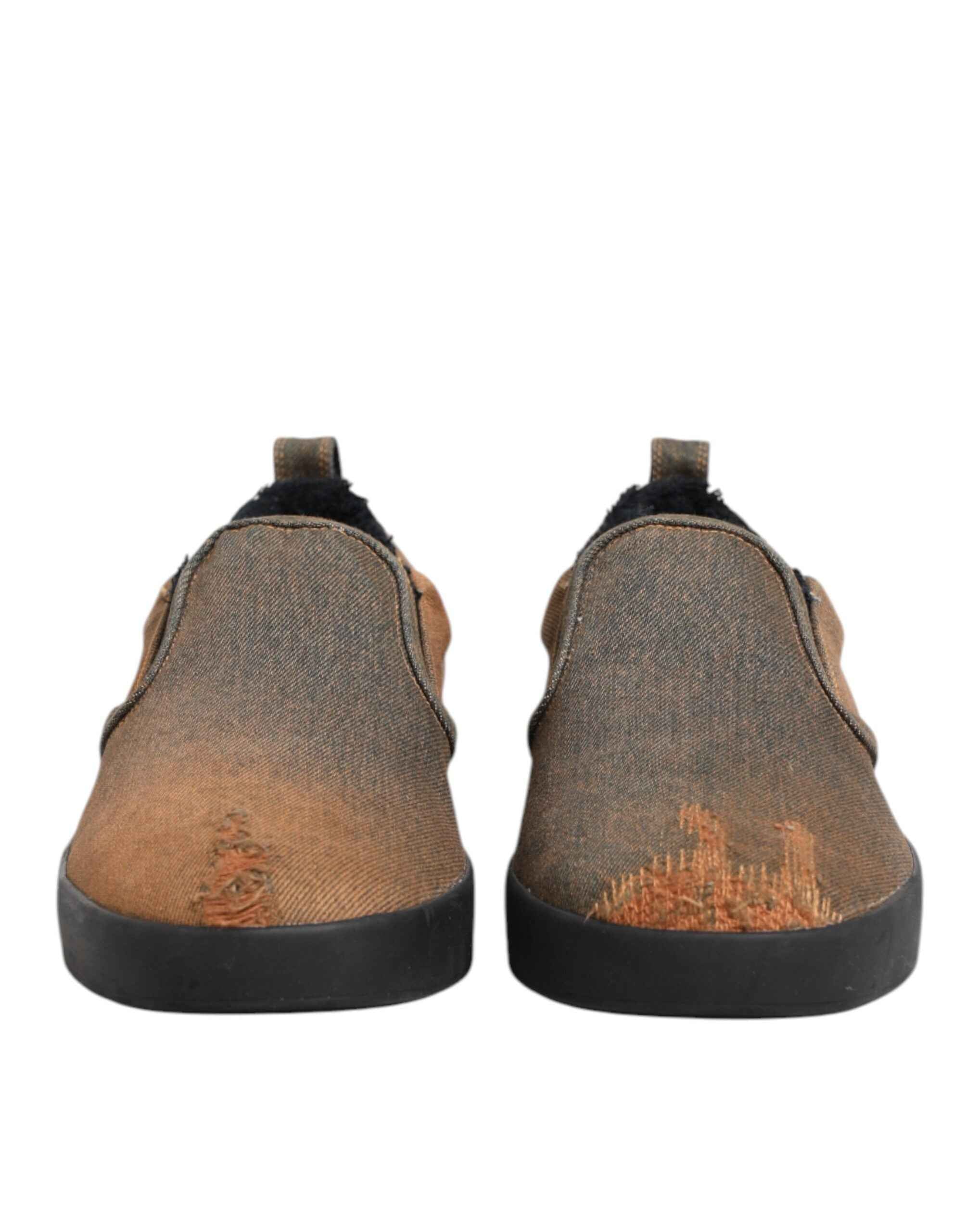 Dolce & Gabbana Brown Cotton Low Top Slip On Sneakers Shoes