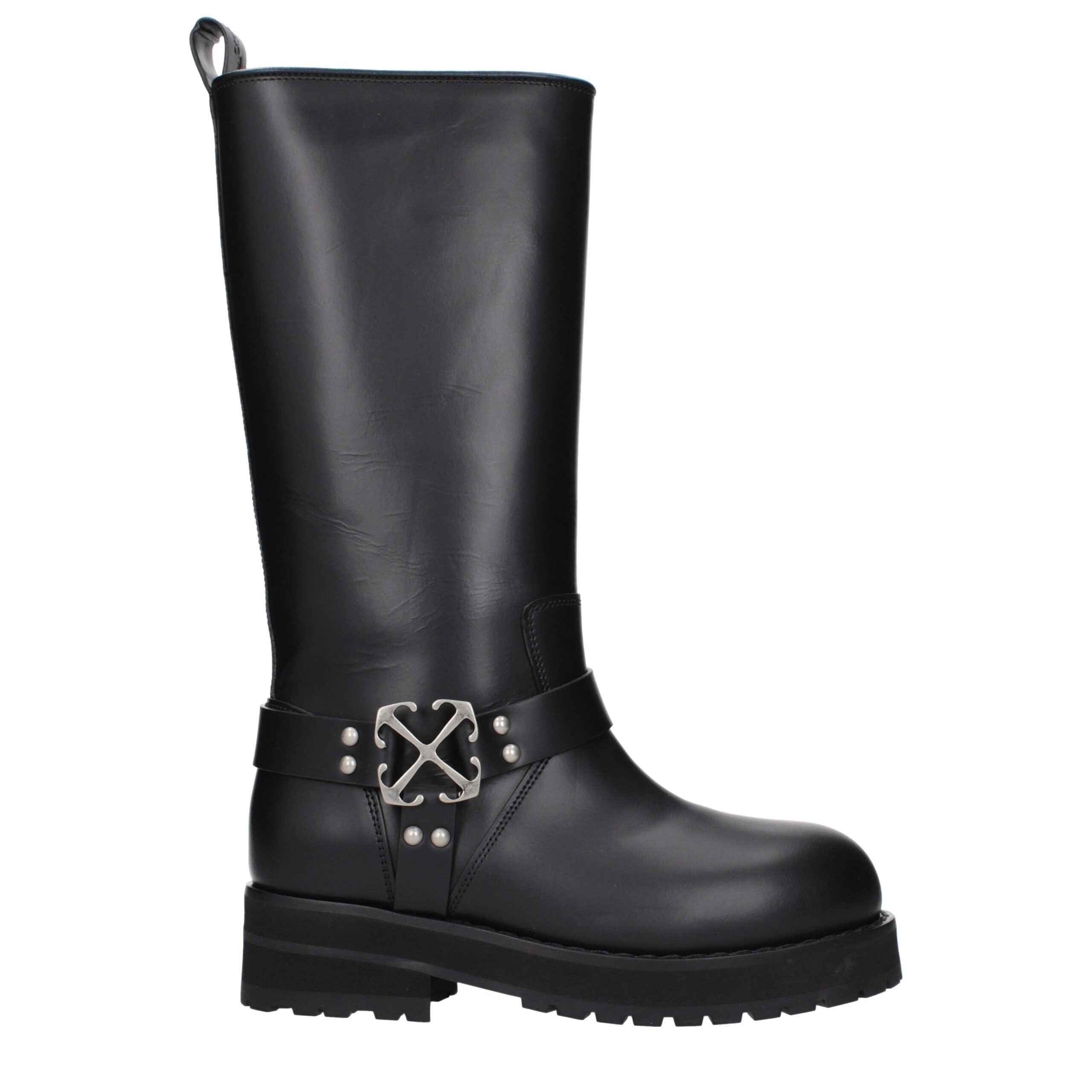 Off-White Black Leather Flat Boots