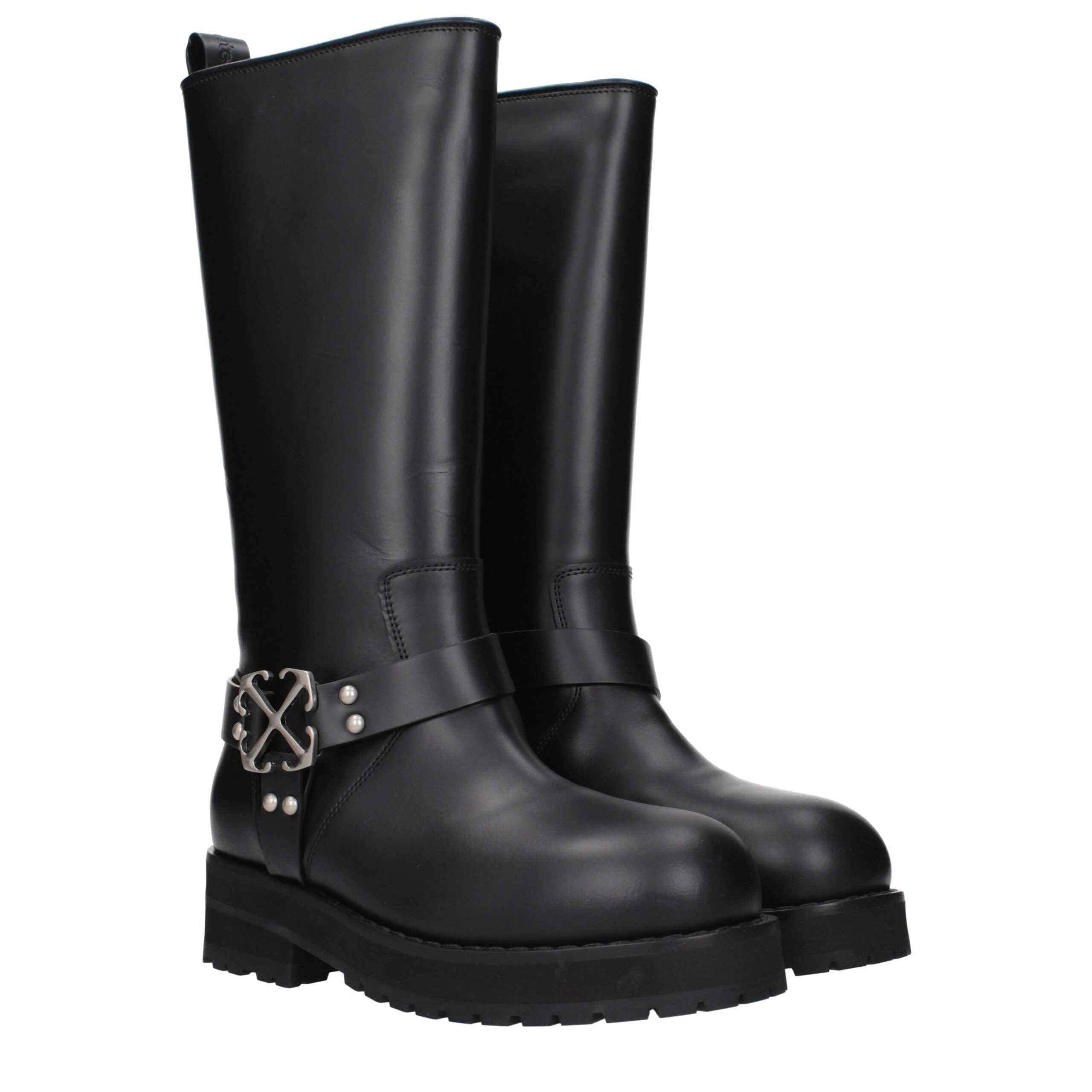 Off-White Black Leather Flat Boots