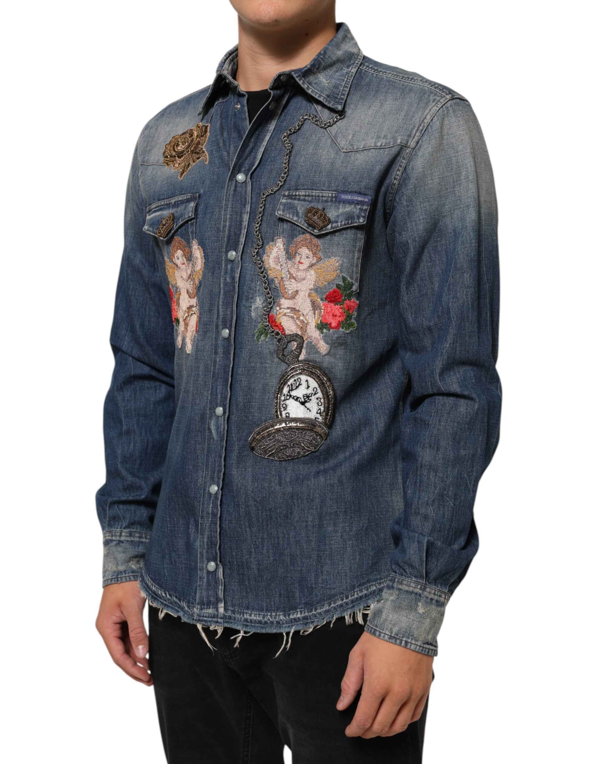 Dolce & Gabbana Blue Angel Patch Denim Buttoned Down Men Shirt