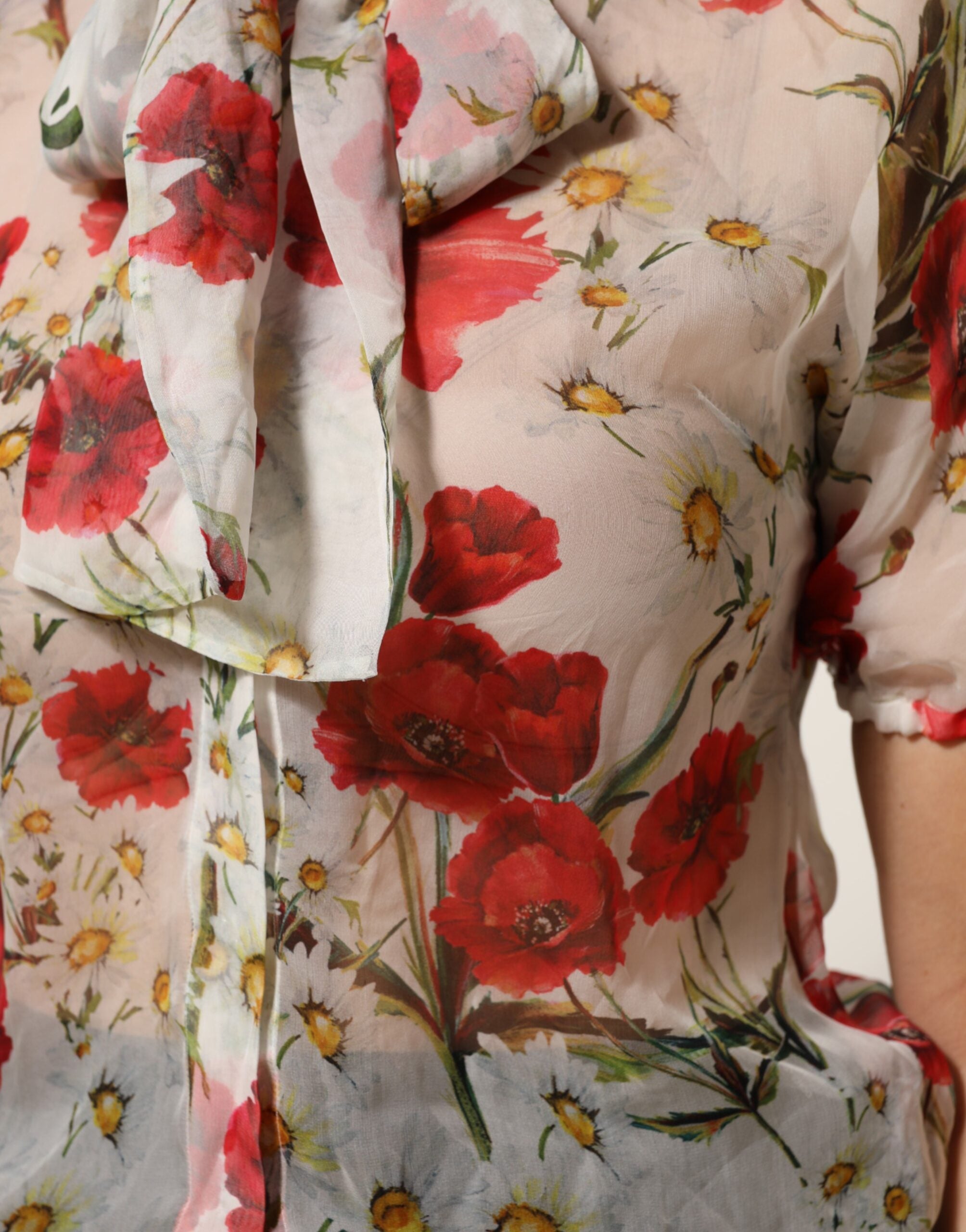 Dolce & Gabbana White Floral Tie-Neck Poppy Print Blouse Top