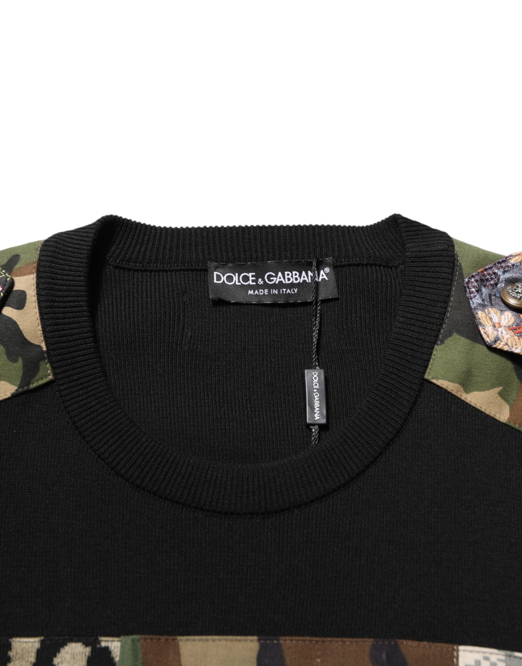 Dolce & Gabbana Black Patchwork Crew Neck Pullover Sweater