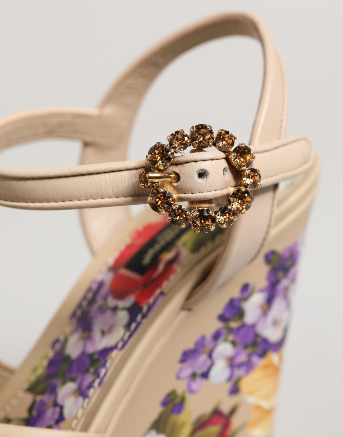 Dolce & Gabbana Beige Floral Ankle Strap Wedge Sandals Shoes
