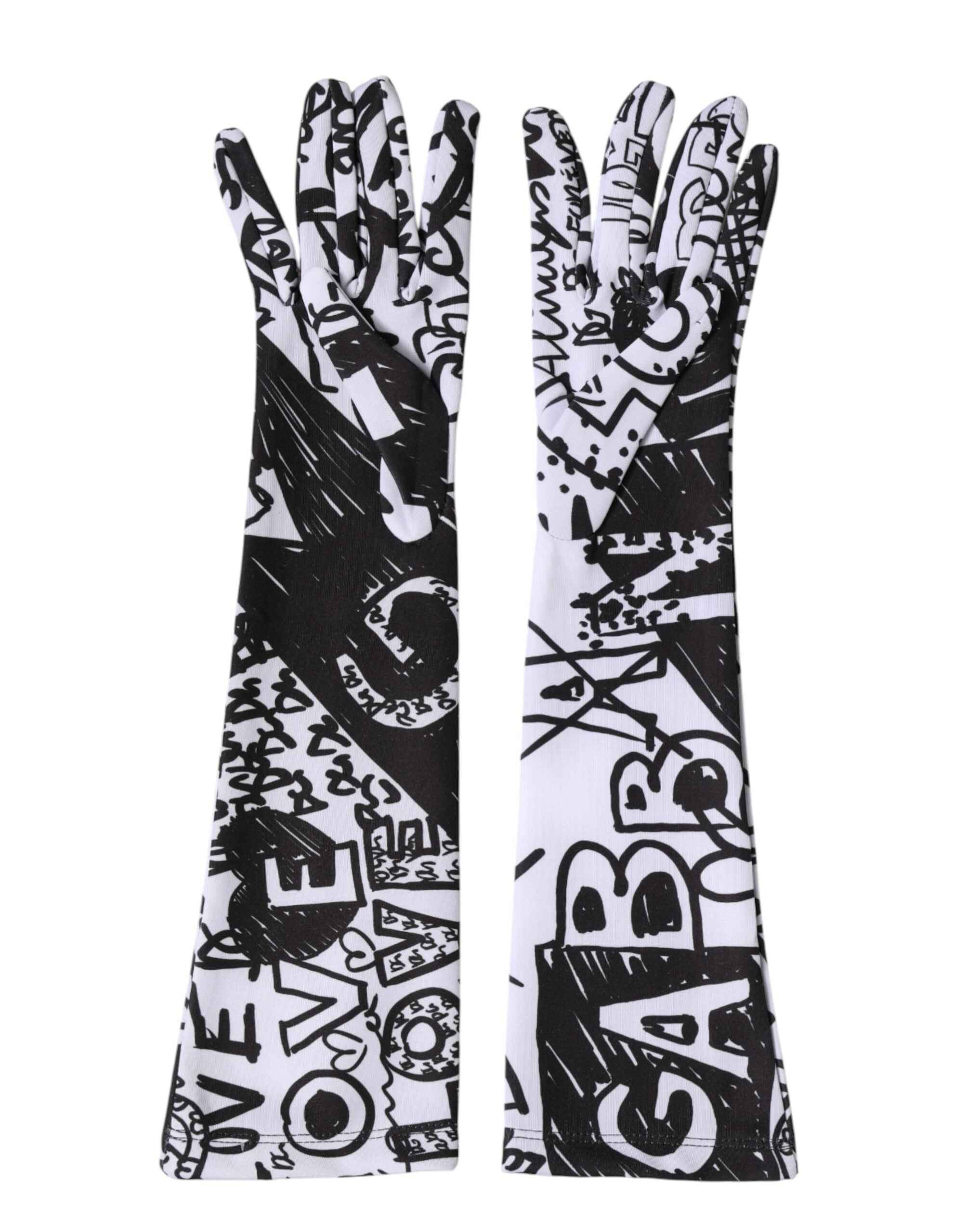 Dolce & Gabbana Gloves Black White DG Logo Elbow Length Mitten