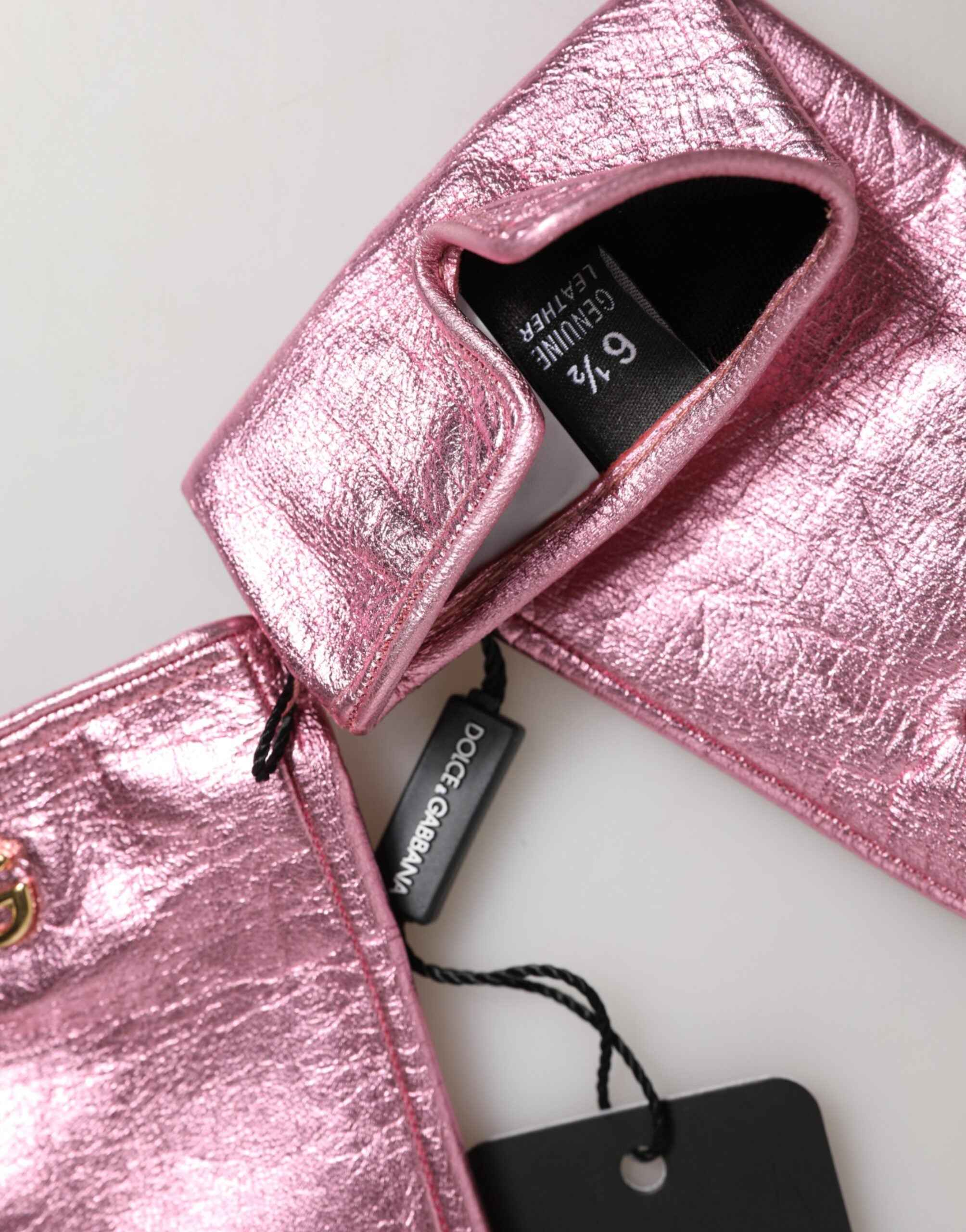 Dolce & Gabbana Pink Leather DG Logo Wrist Length Mitten Gloves