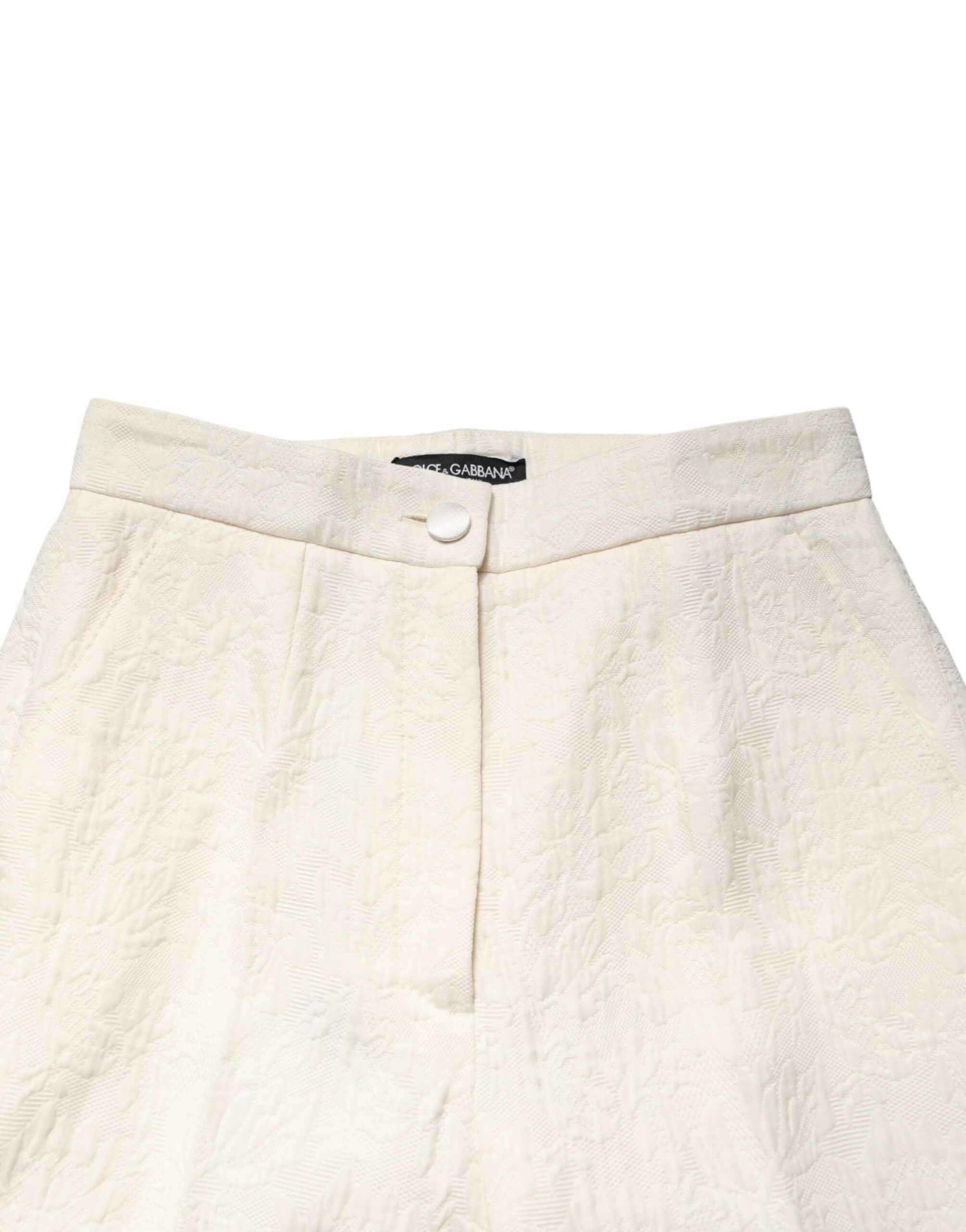 Dolce & Gabbana White Cotton Floral Brocade Dress Pants