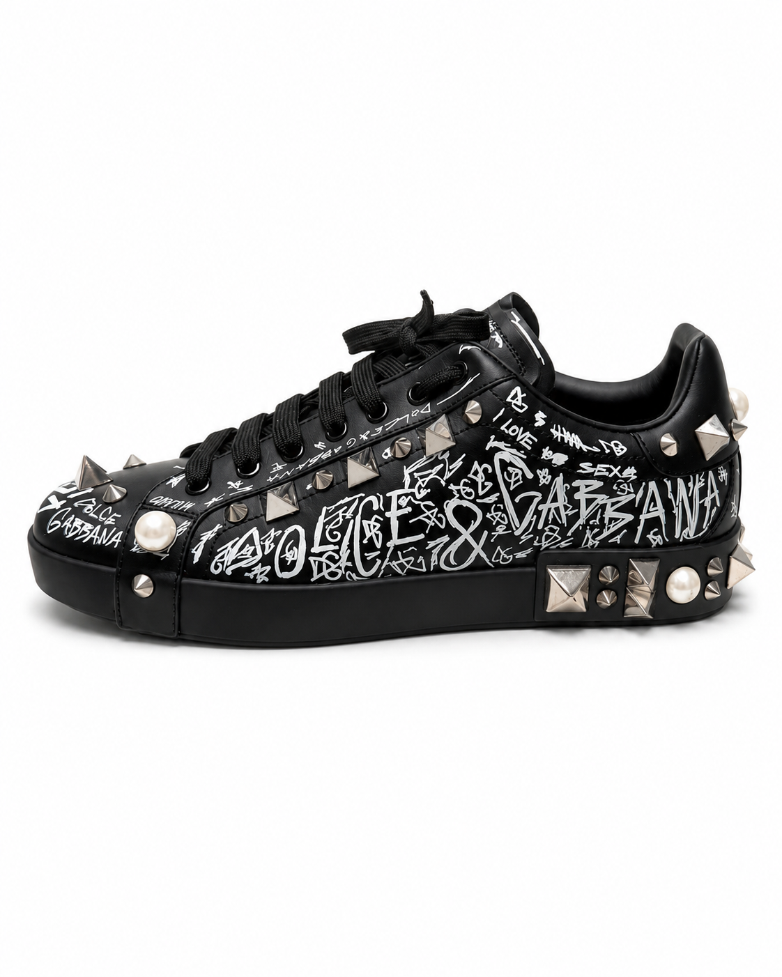 Dolce & Gabbana Portofino Graffiti Studded Leather Sneakers