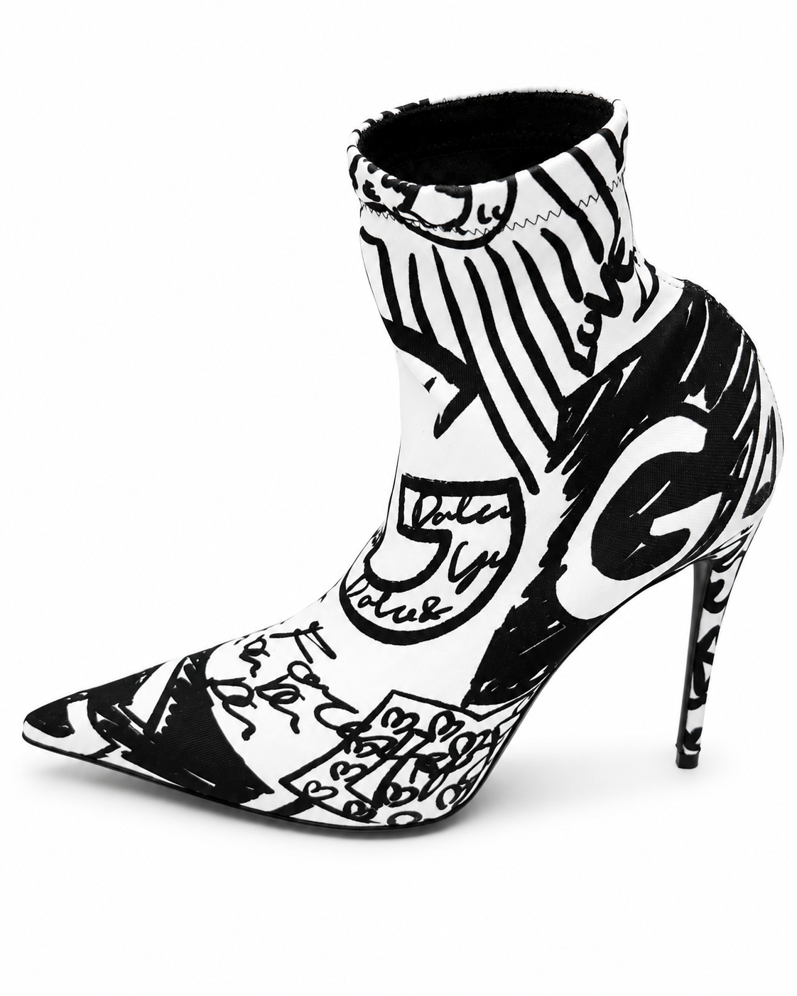 Dolce & Gabbana Graffiti Logo Stretch Ankle Boots – White & Black