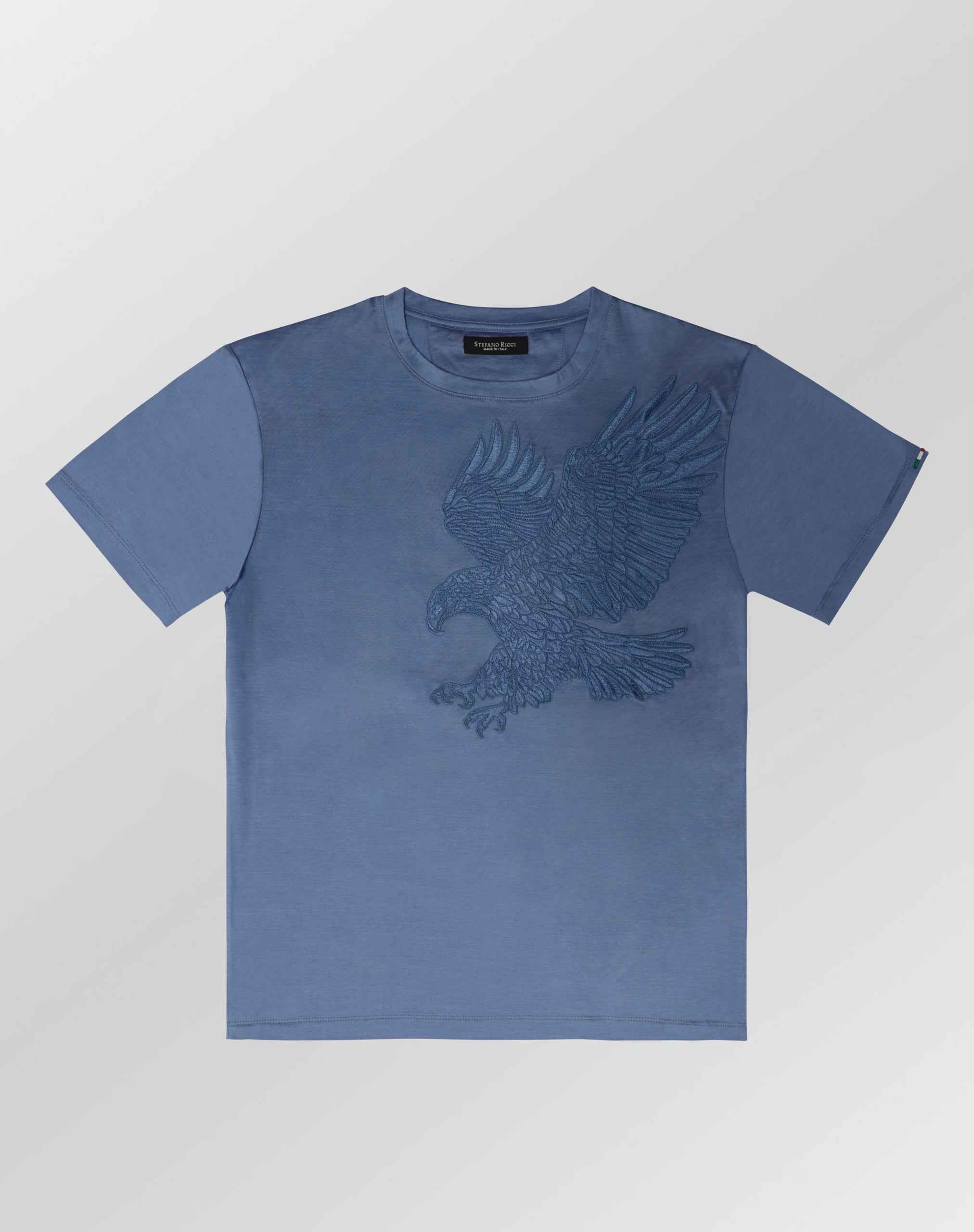 Stefano Ricci Silk Cotton T-Shirt Eagle Embroidery Navy