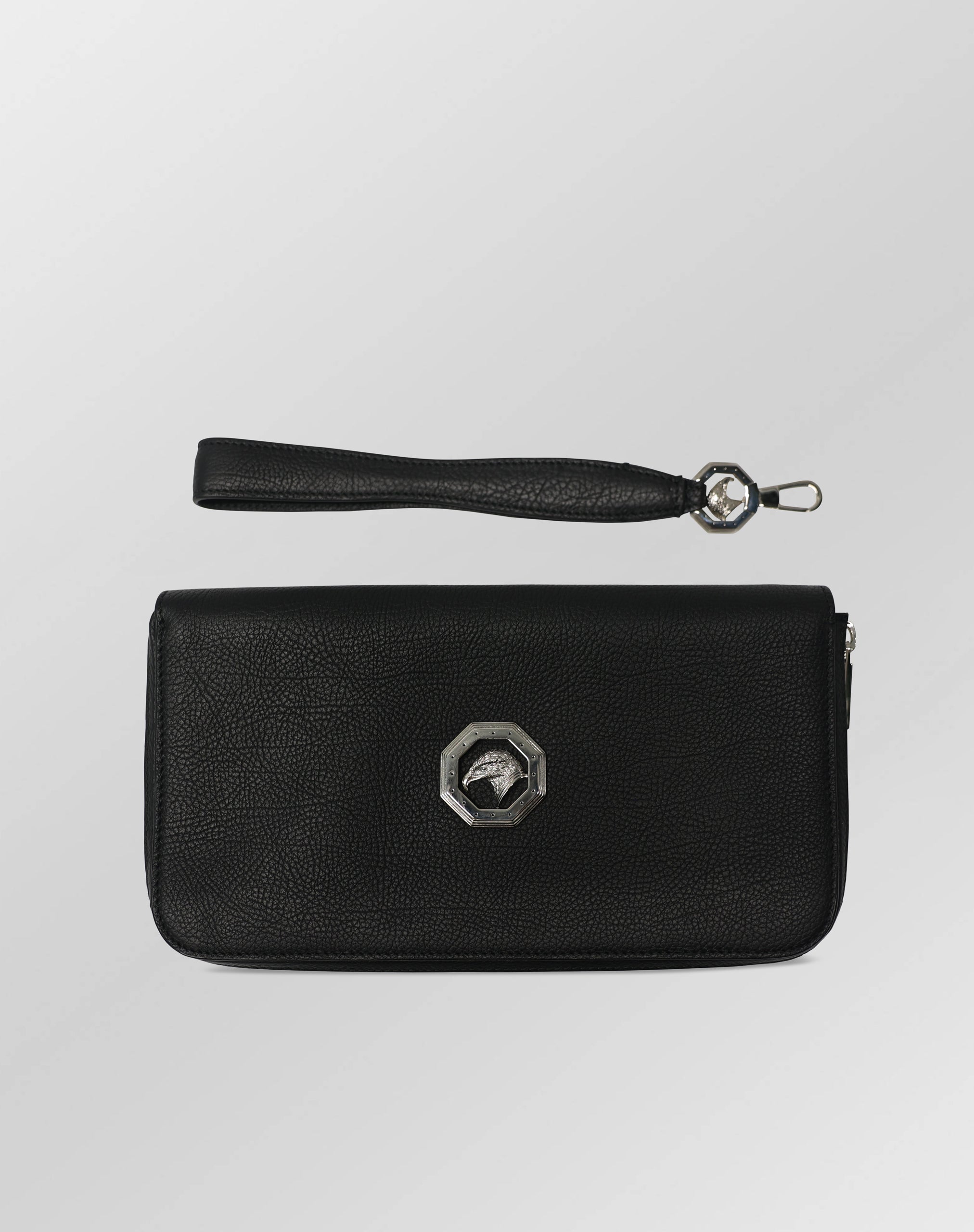 Stefano Ricci Black Grained Leather Continental Wallet Clutch with Detachable Handle