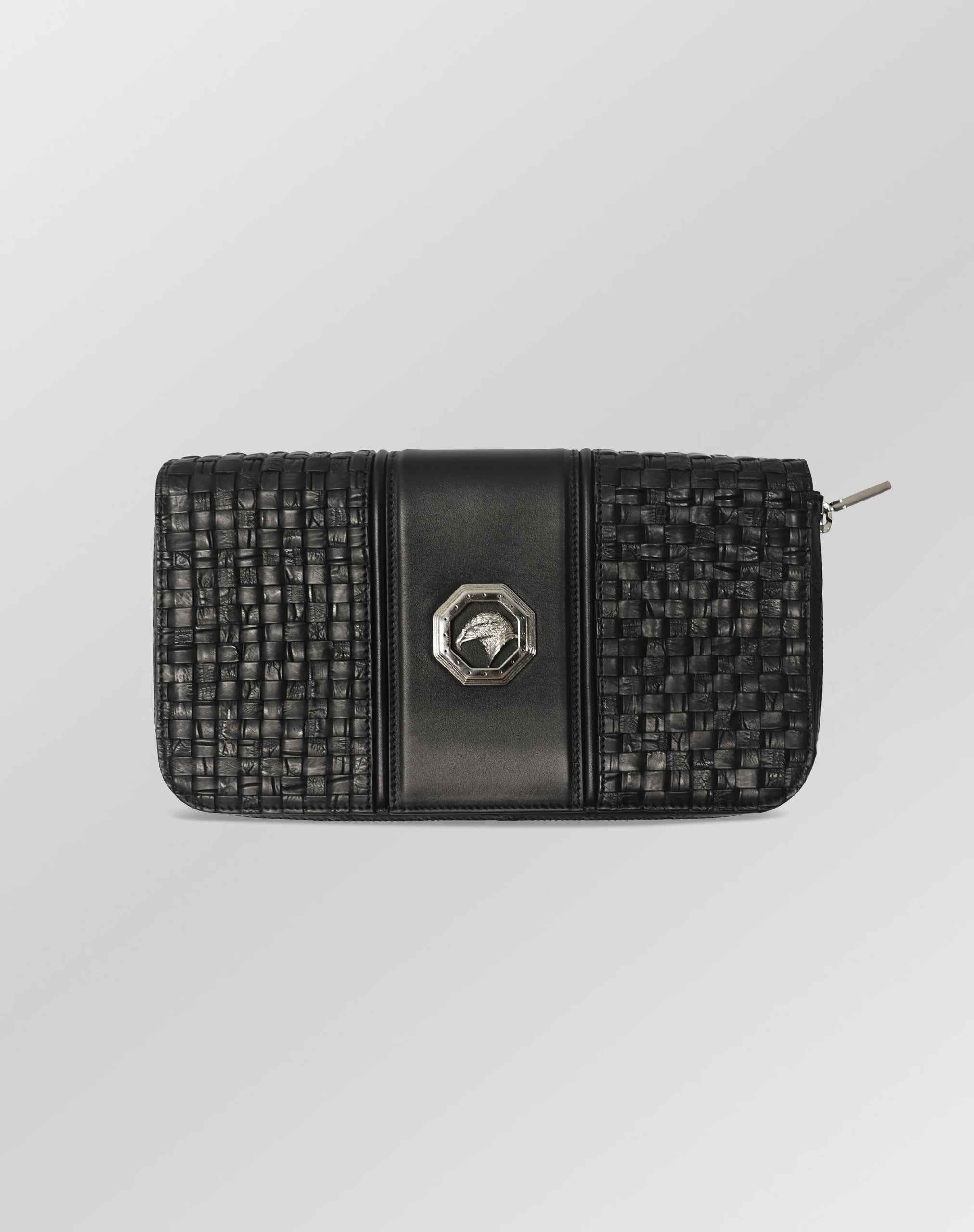 Stefano Ricci Woven & Crocodile Leather Travel Pouch with Detachable Wrist Strap Black