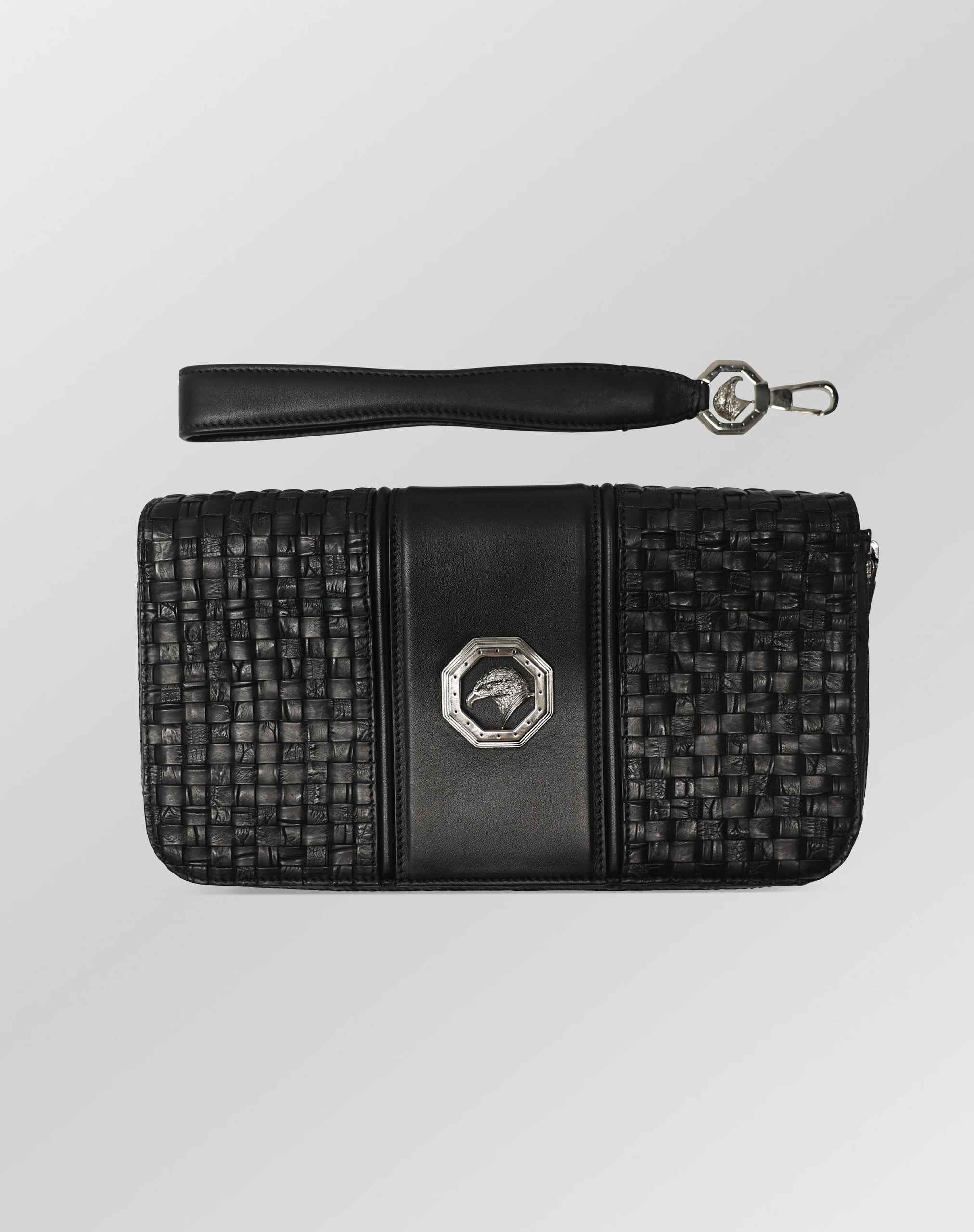 Stefano Ricci Woven & Crocodile Leather Travel Pouch with Detachable Wrist Strap Black