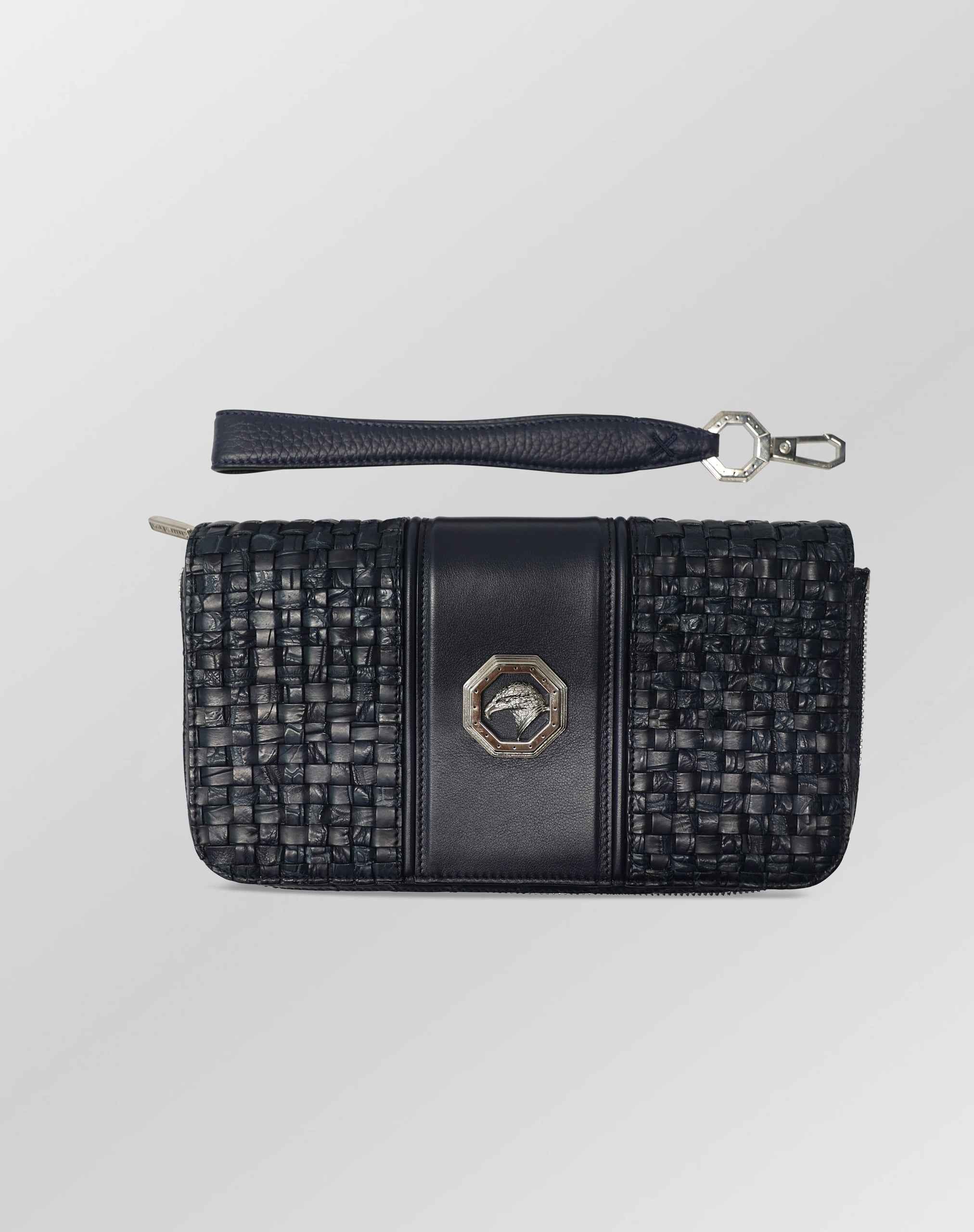 Stefano Ricci Woven & Crocodile Leather Travel Pouch with Detachable Wrist Strap Black