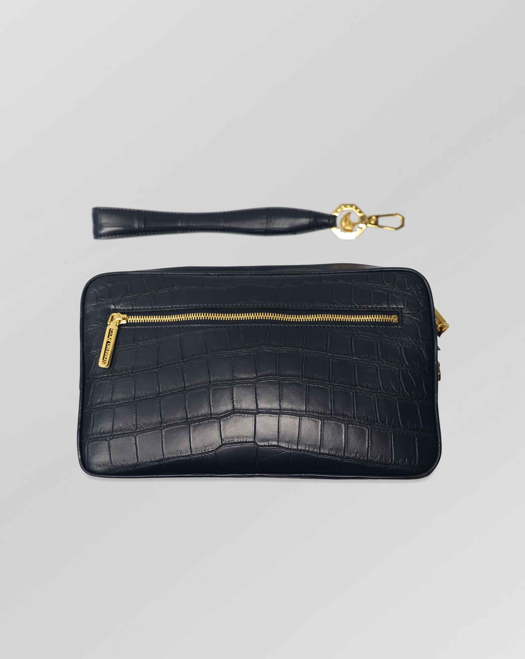 Stefano Ricci Navy Crocodile Leather Zip Travel Clutch Organizer