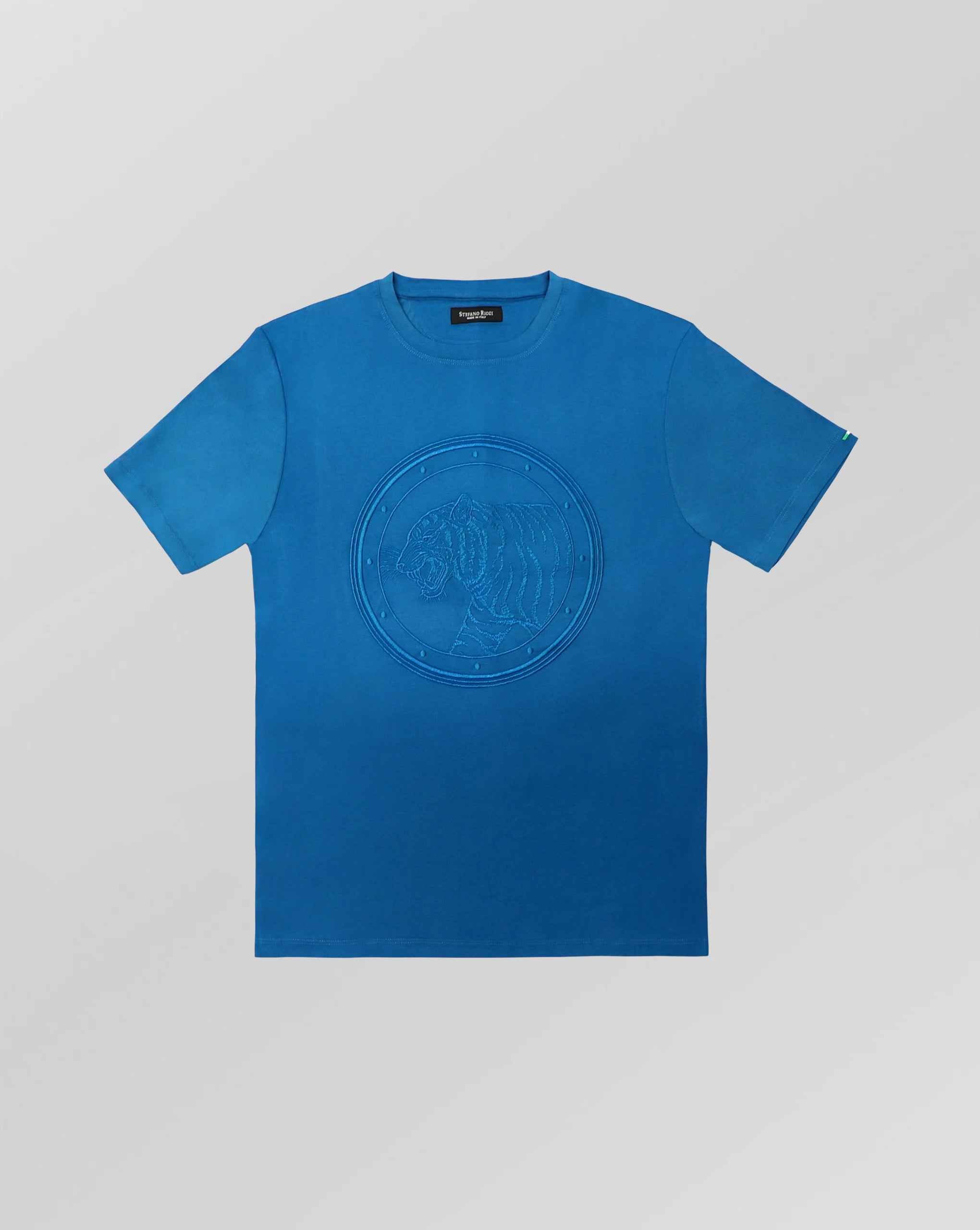 Stefano Ricci Silk Cotton T-Shirt Tiger Embroidery | Blue