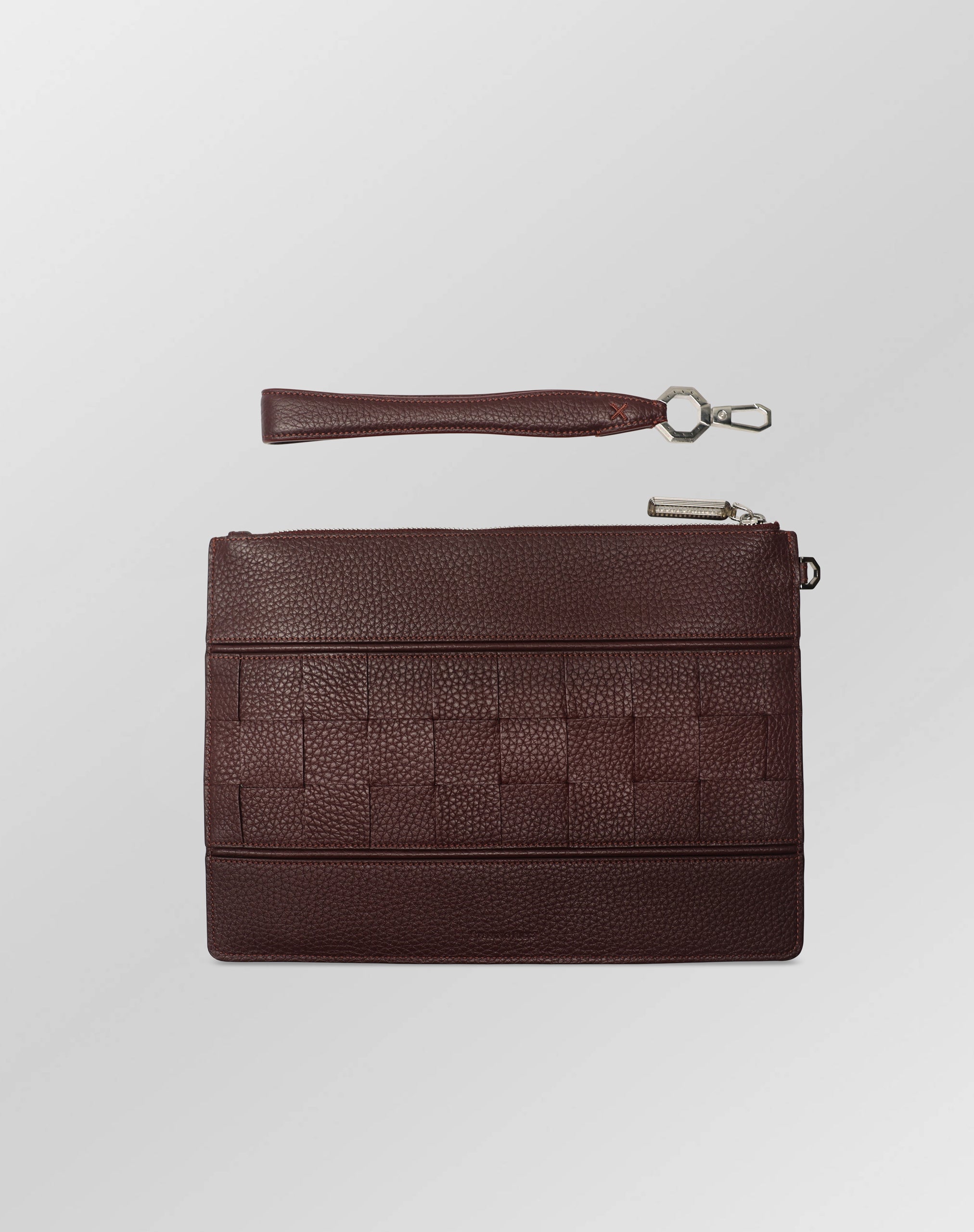Stefano Ricci Brown Grained Leather Zip Clutch with Woven Detail
