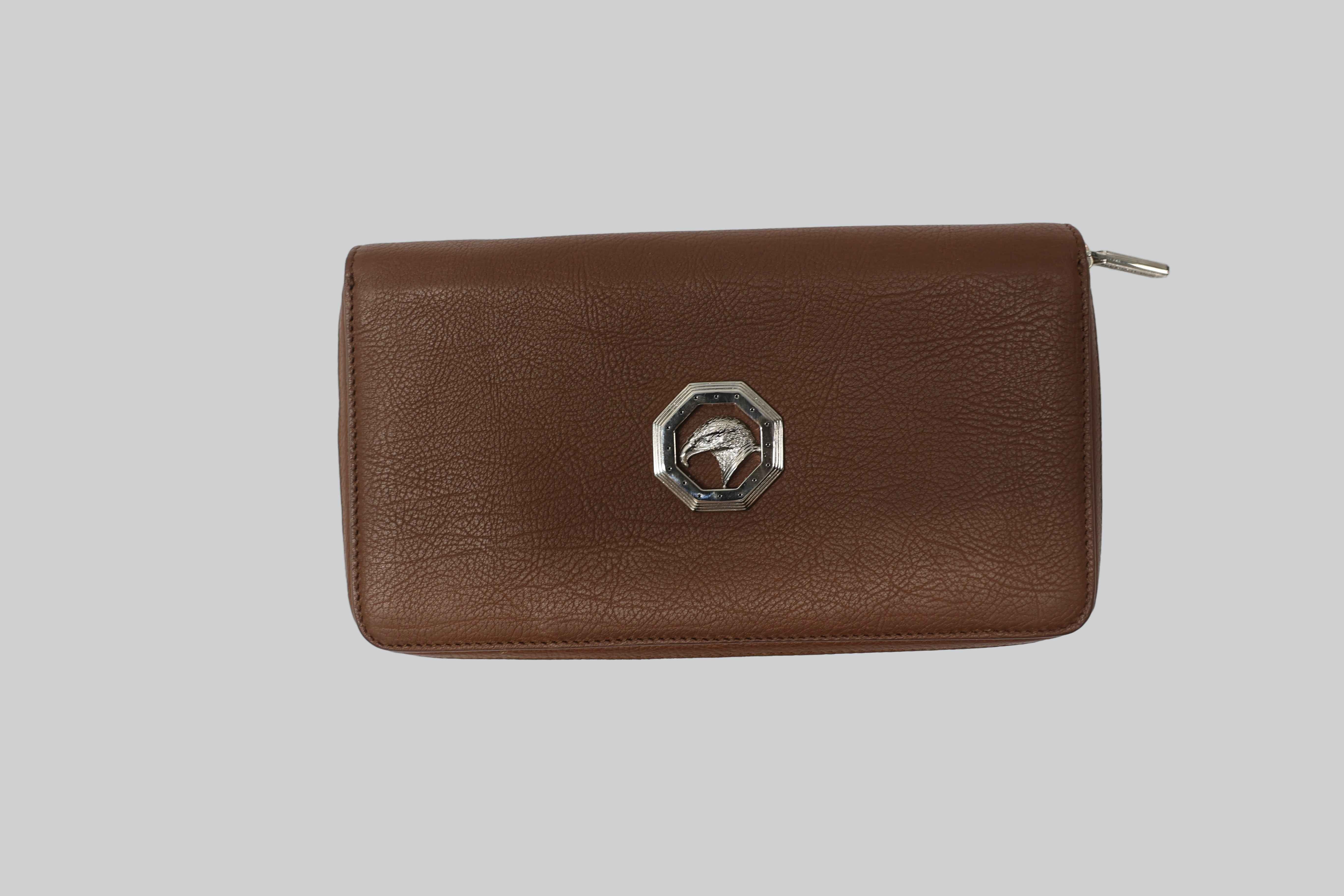 Stefano Ricci Grained Calfskin Zip-Around Wallet Clutch with Eagle Logo Brown