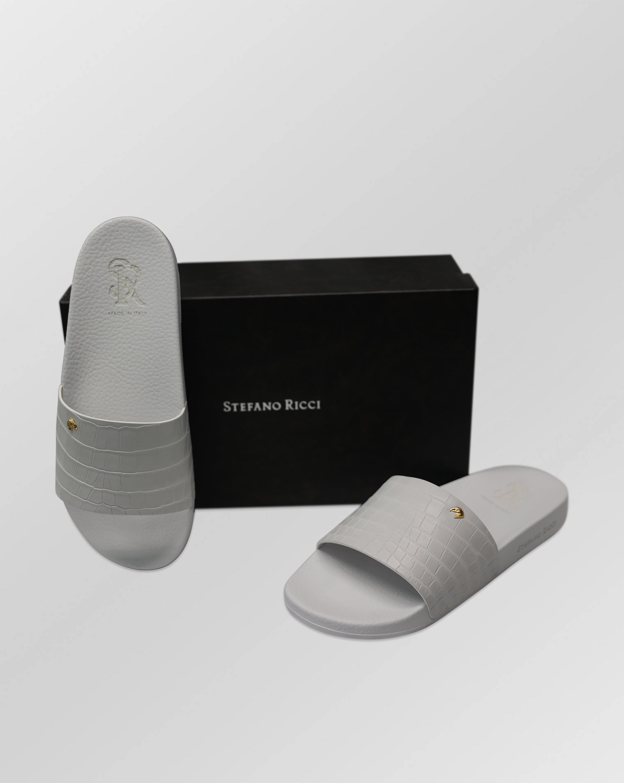Stefano Ricci Crocodile-Embossed Leather Slides Sandals | White