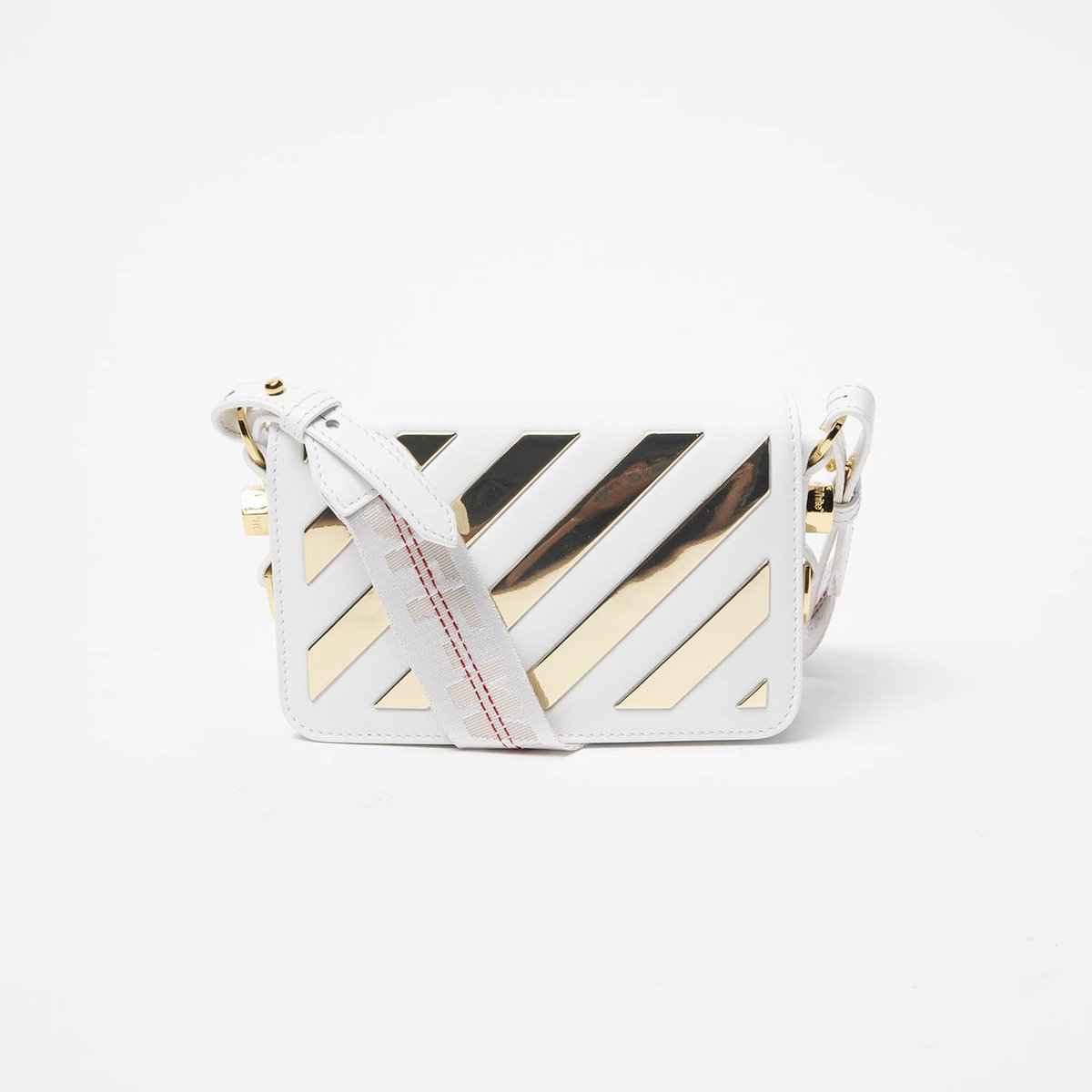 Off-White Diagonal Mini Flap Leather Crossbody Bag in White & Gold