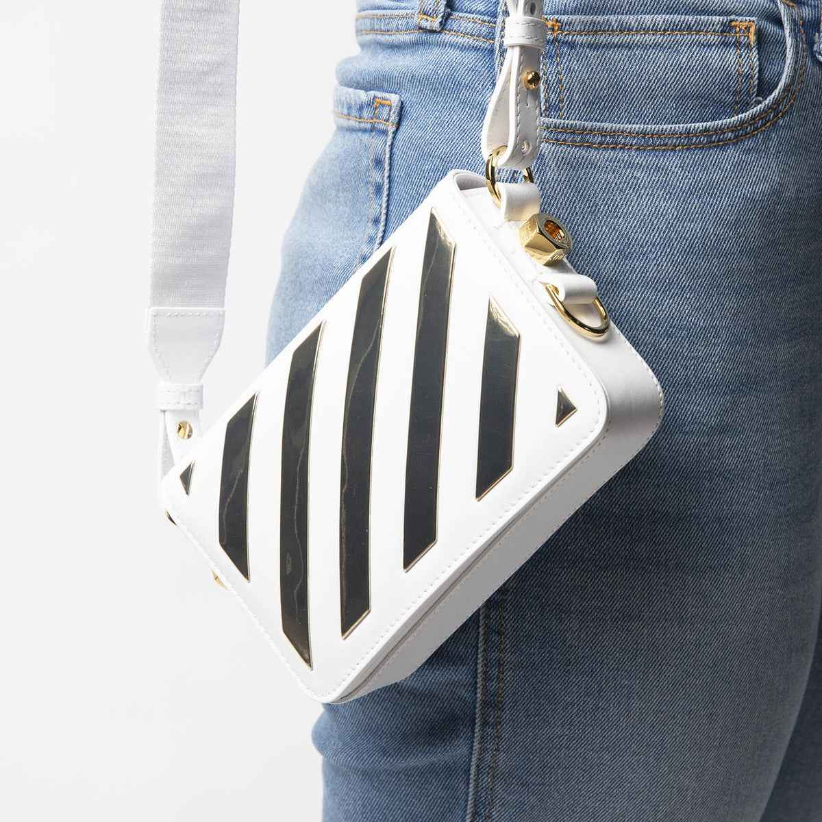 Off-White Diagonal Mini Flap Leather Crossbody Bag in White & Gold