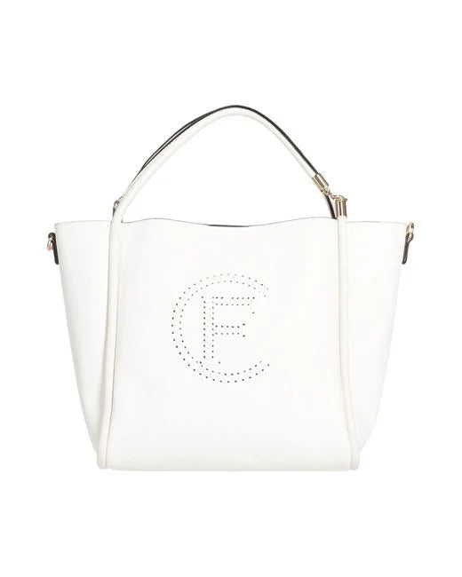 A white leather tote bag with a top handle, featuring a large dotted letter 'F' logo on the front and silver-tone hardware, shown against a plain white background.