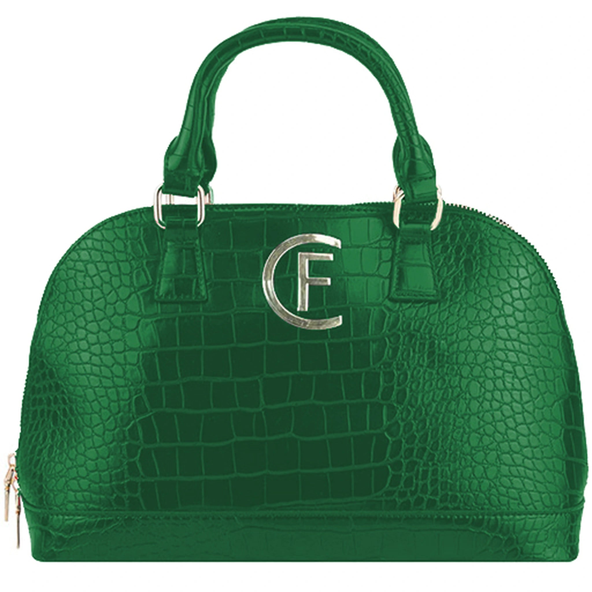 Green textured handbag with a silver logo on a white background