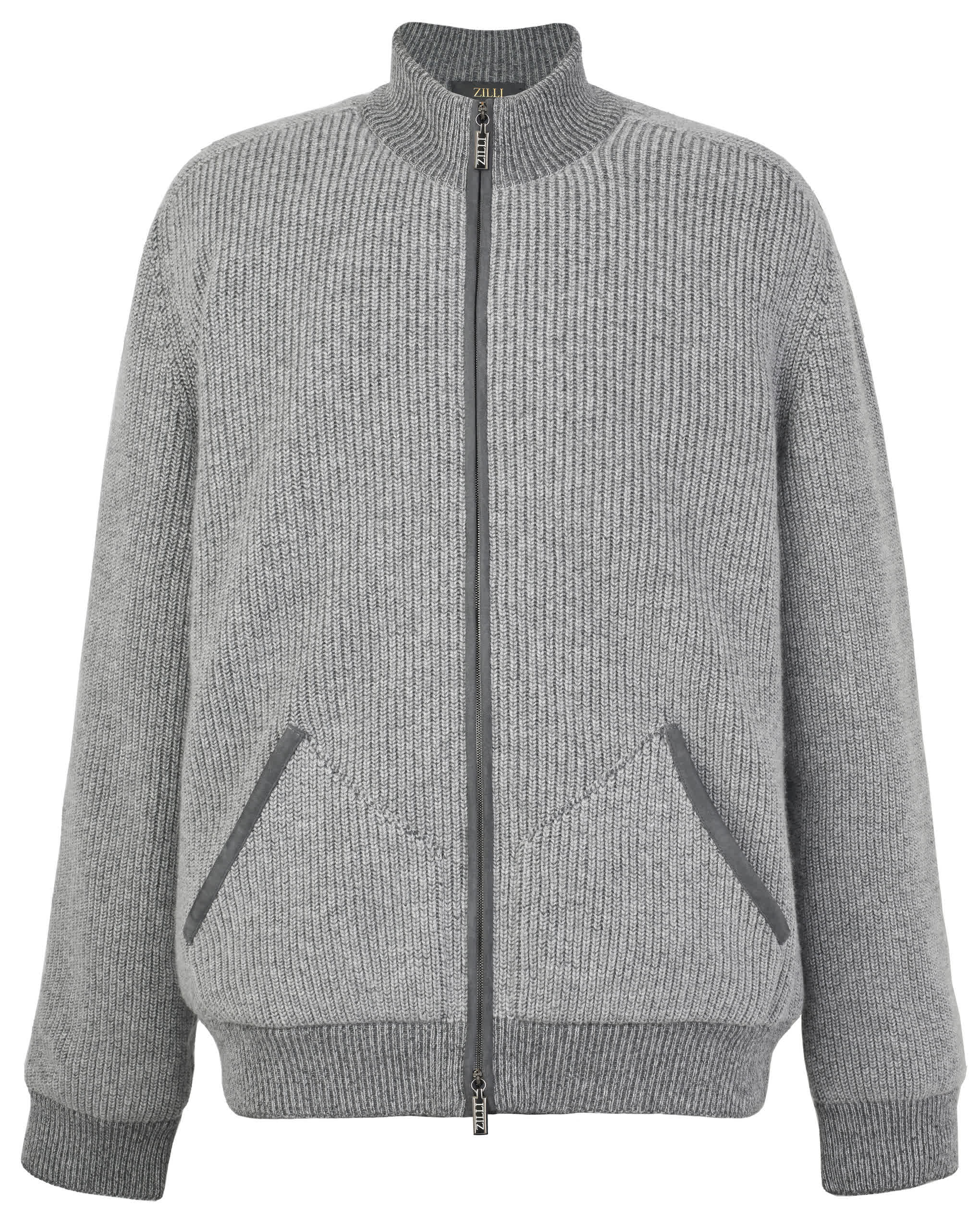 Zilli Cashmere & Wool Zip-Up Knit Jacket with Suede Details | Light Grey