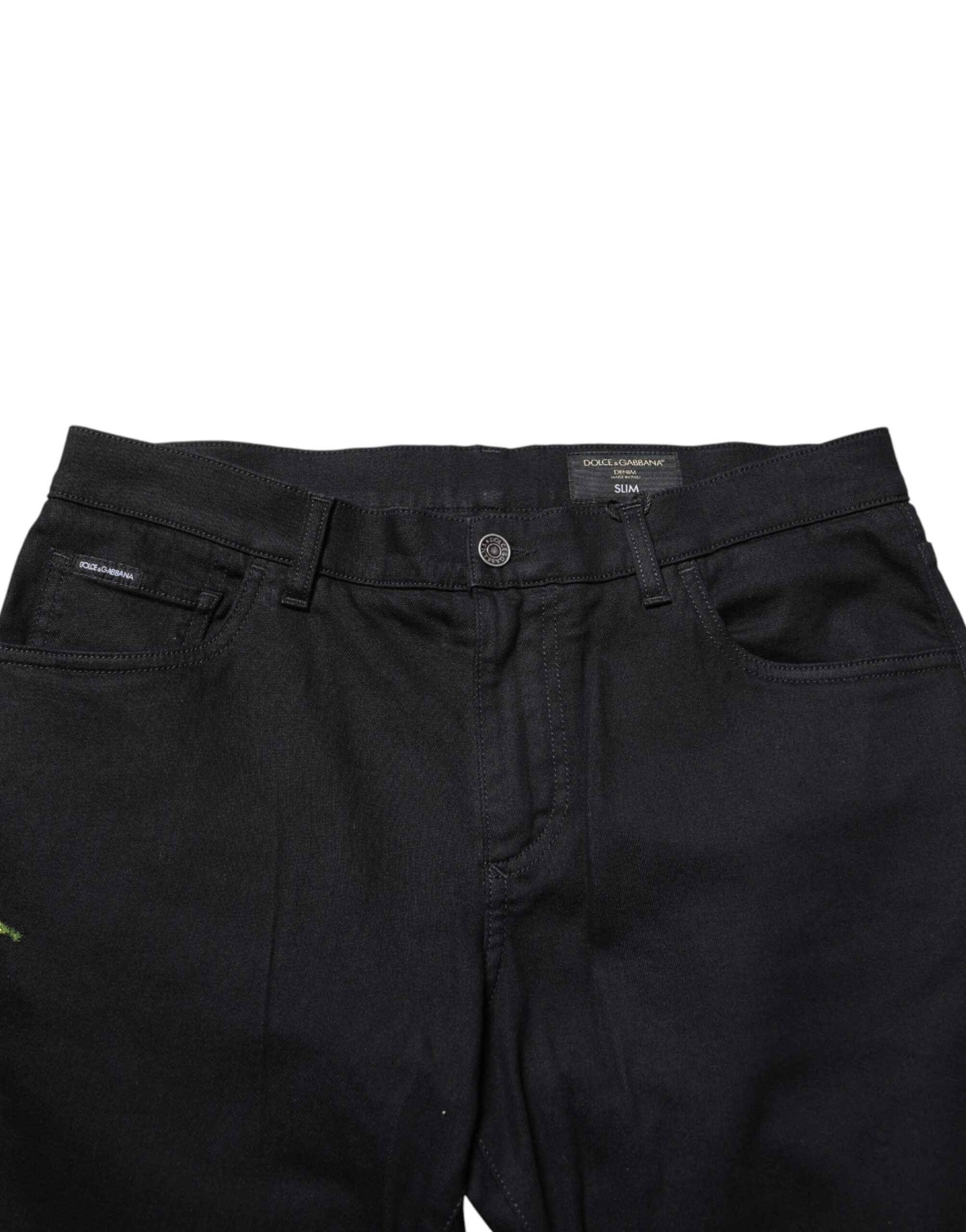 Dolce & Gabbana Black Floral Cotton Skinny Men Denim Jeans