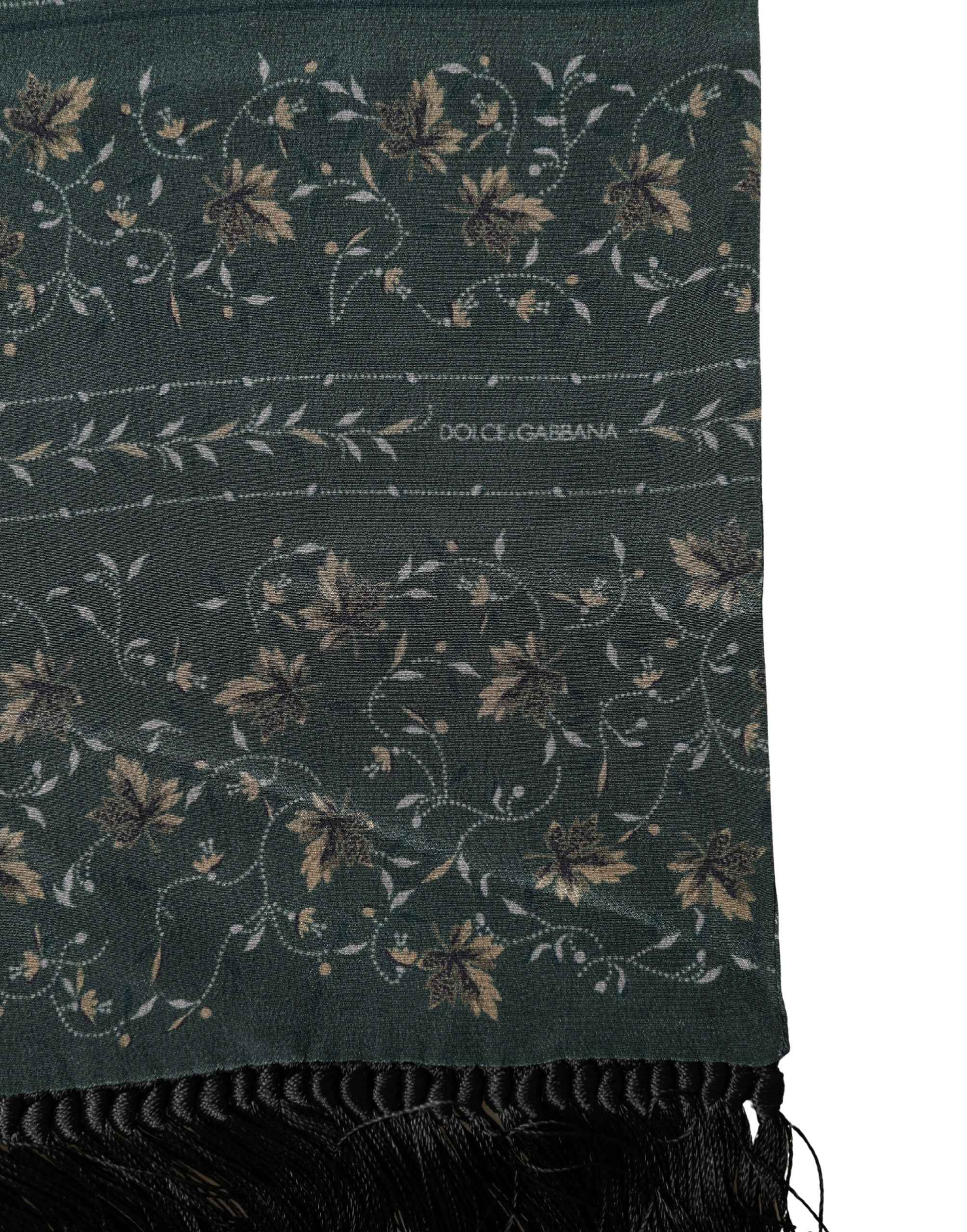 Dolce & Gabbana Green Silk Floral Pattern Fringed 135cm X 16cm  Scarf