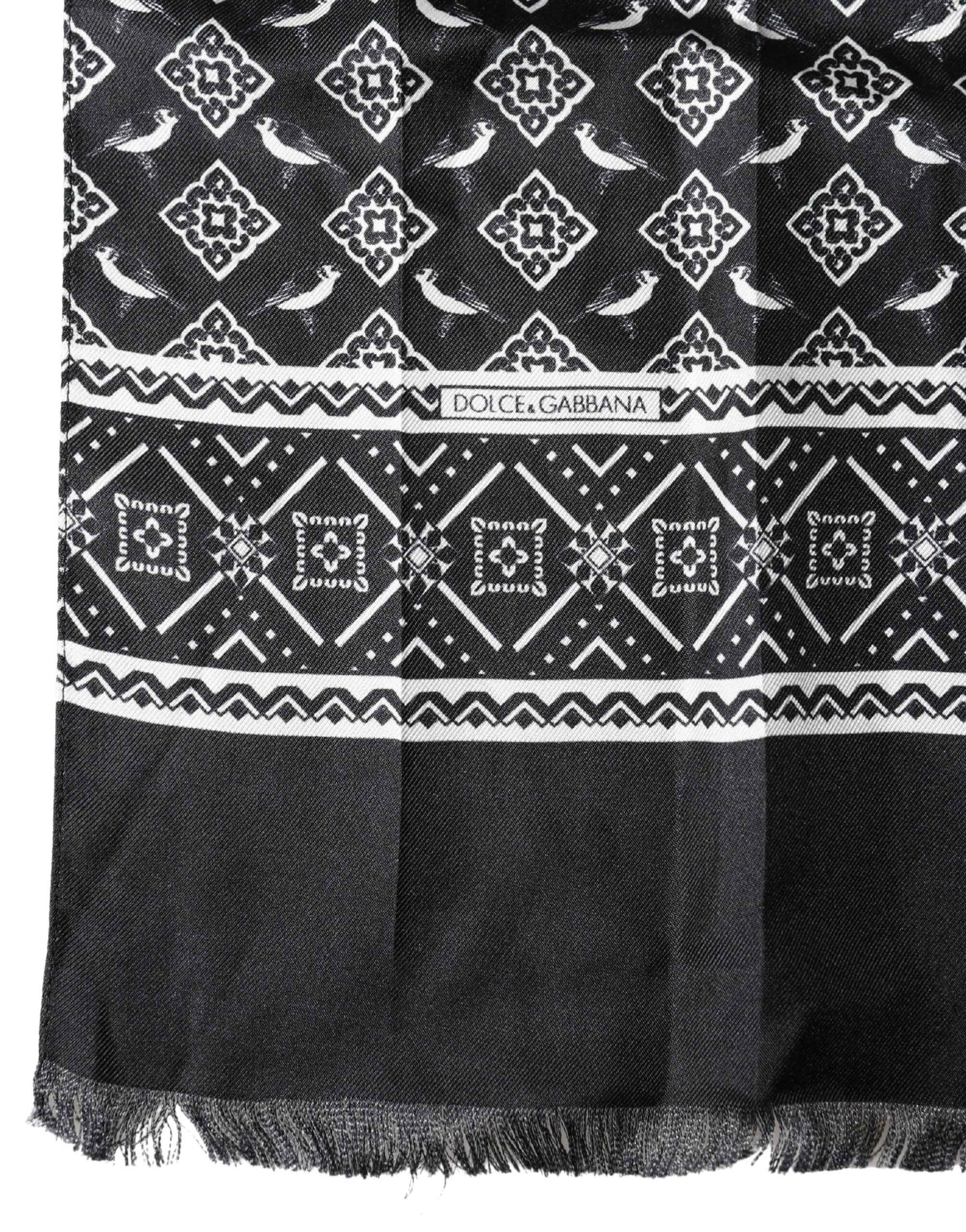 Dolce & Gabbana Black Gray Silk Bird Fringe Wrap Foulard 140cm X 23cm Scarf