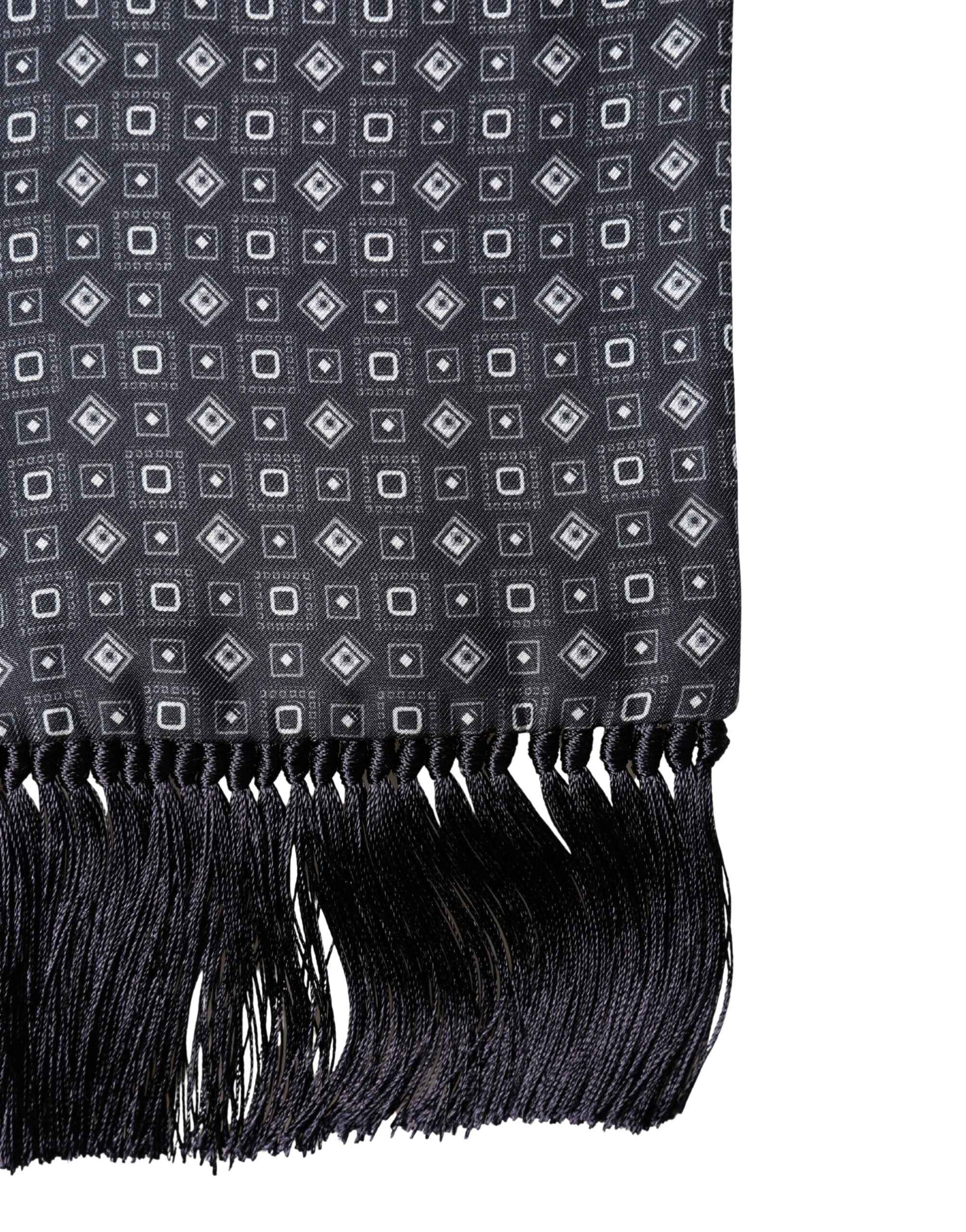 Dolce & Gabbana Black Silk Geometric Fringe Wrap Foulard 136cm X 15cm  Scarf