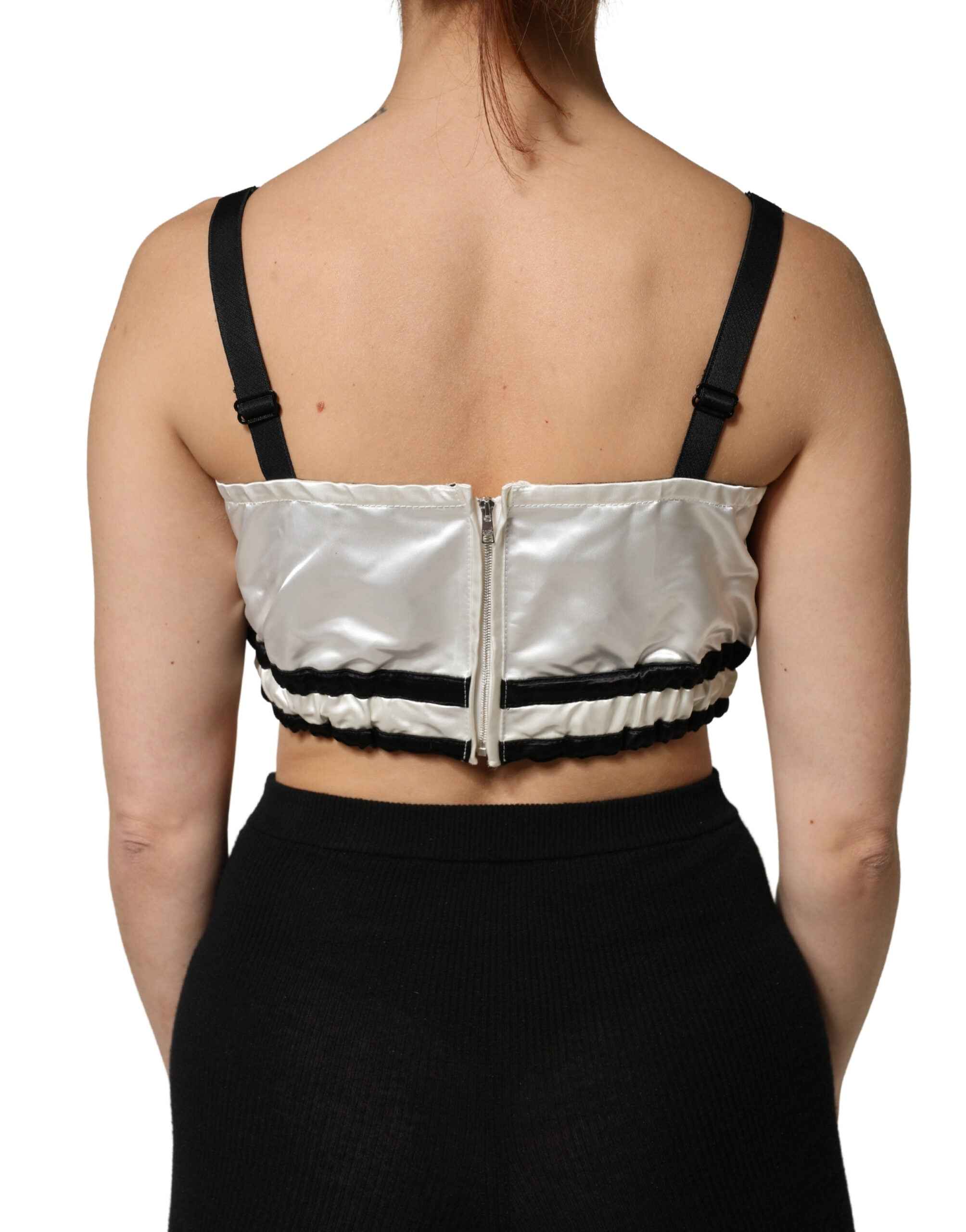 Dolce & Gabbana White Silk Satin Crop Black Logo Bralette Top