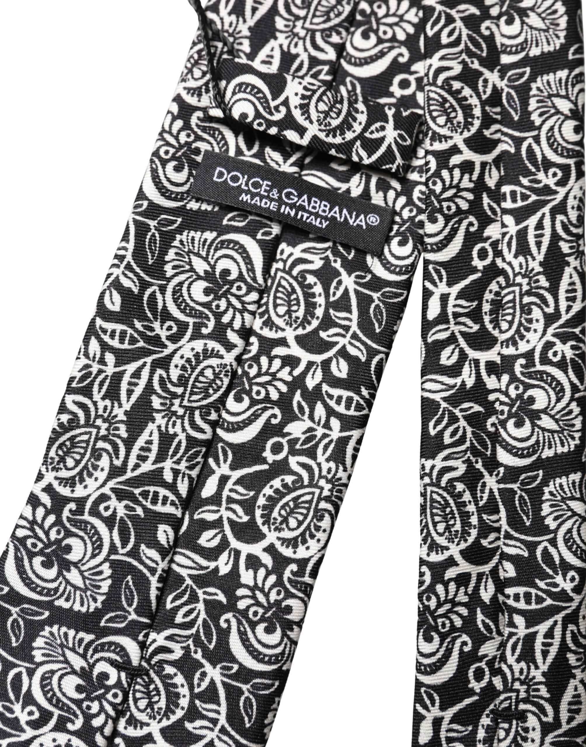 Dolce & Gabbana Black White Floral Fantasy Silk Adjustable Necktie Tie