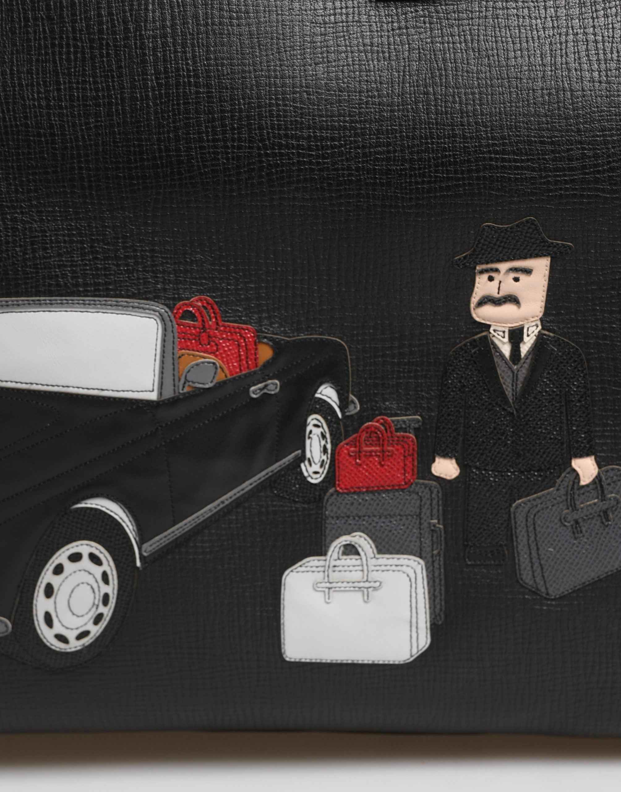 Dolce & Gabbana Black Car Man Applique Leather Weekender Borse Bag