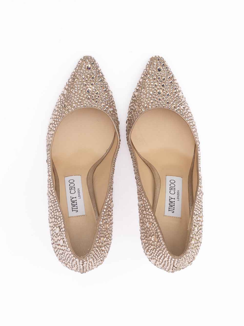 Jimmy Choo Honey Gold Shimmer Suede Crystals Romy 85 pumps