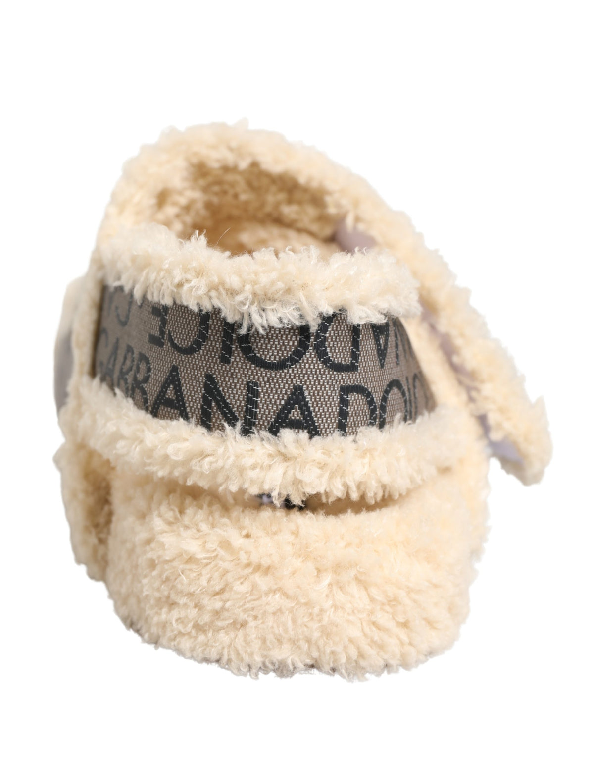 Dolce & Gabbana Beige Faux Fur Logo Print Flats Sandals Shoes
