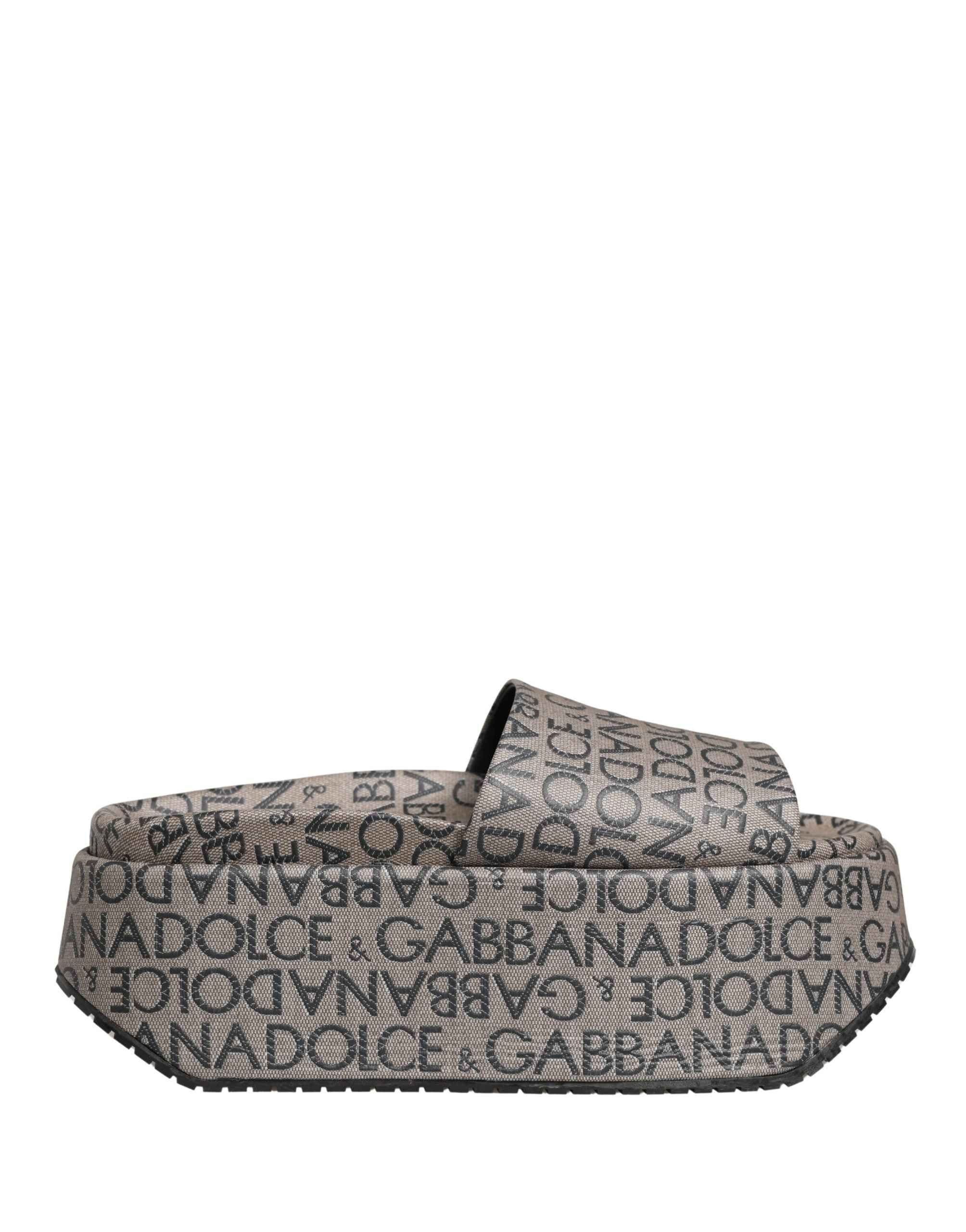 Dolce & Gabbana Gray Leather Monogram Logo Sandals Shoes