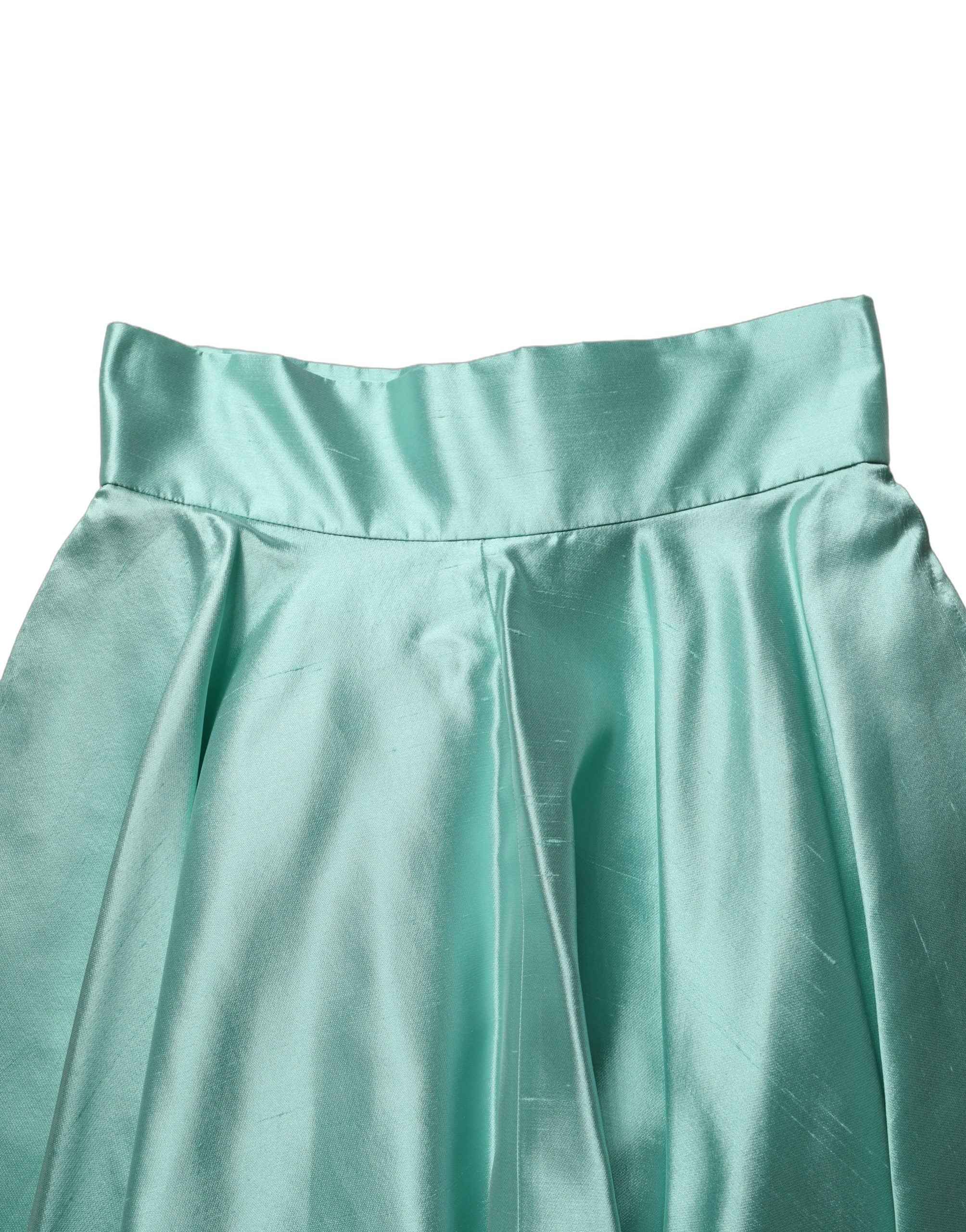 Dolce & Gabbana Green Satin High-Waisted Pleated A-line Midi Skirt
