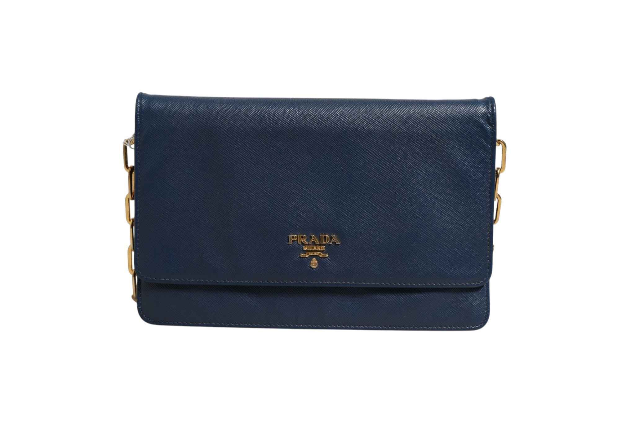 Prada Blue Saffiano Leather Wallet on Chain Clutch Bag