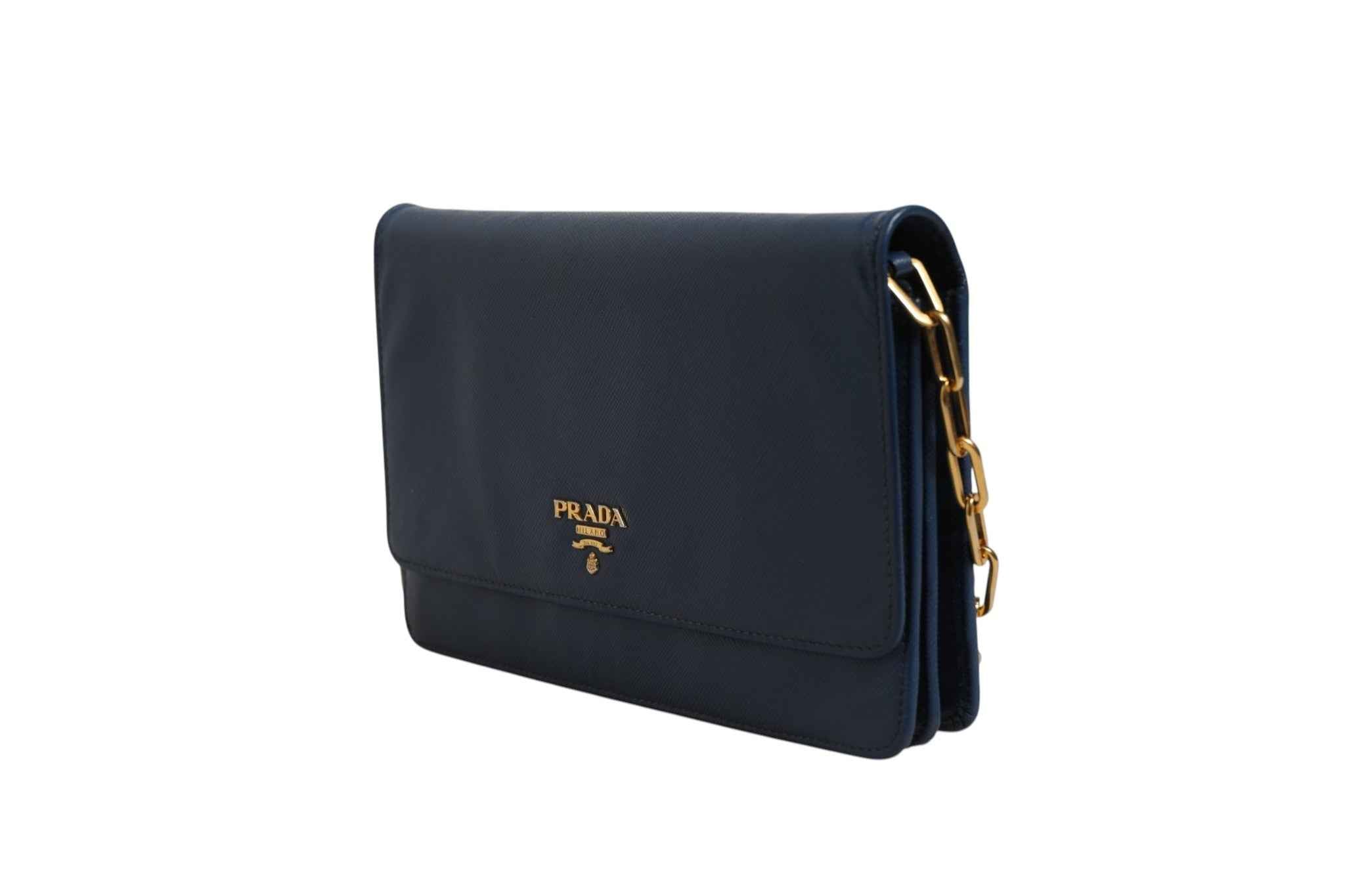 Prada Blue Saffiano Leather Wallet on Chain Clutch Bag