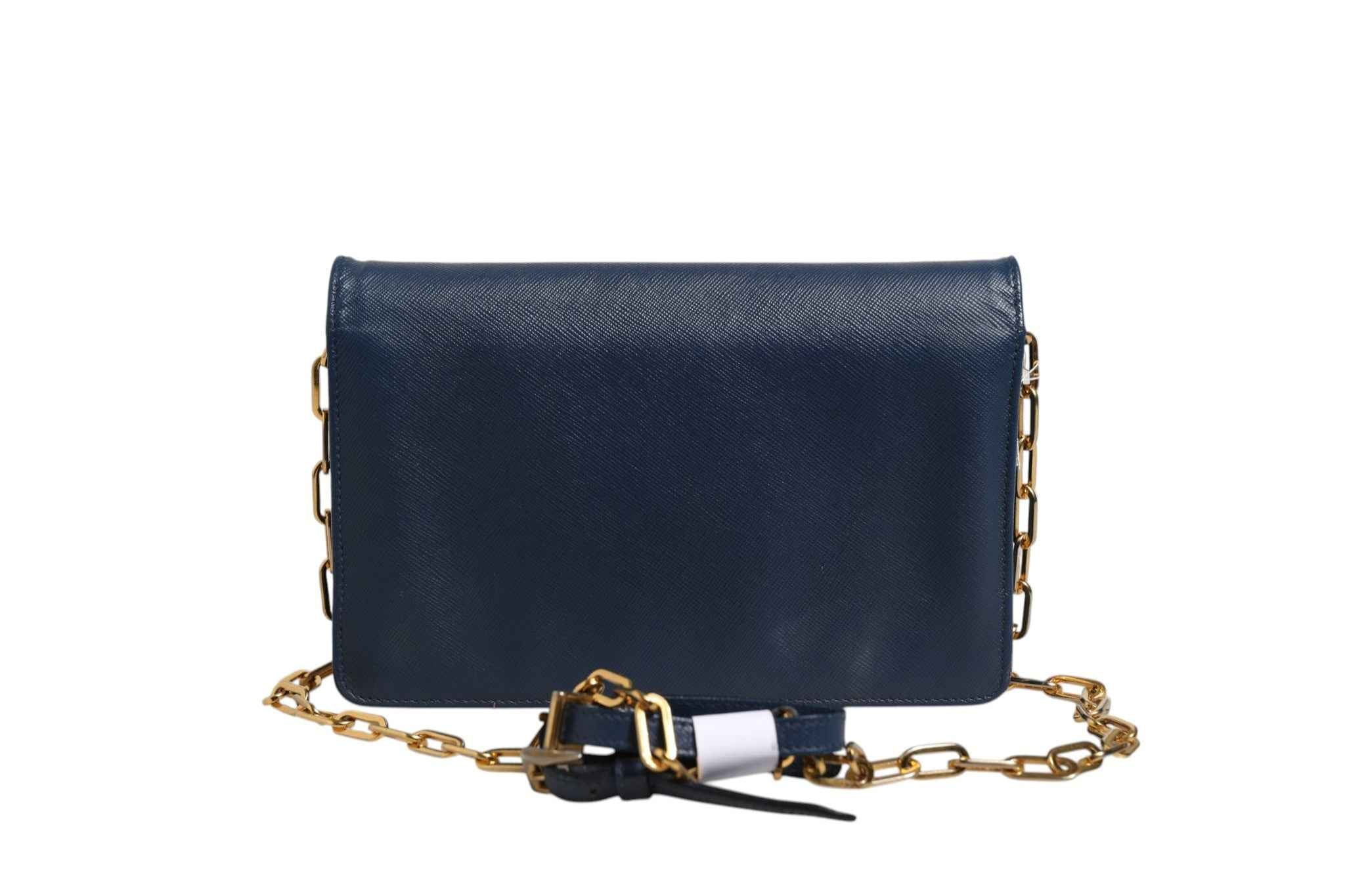 Prada Blue Saffiano Leather Wallet on Chain Clutch Bag