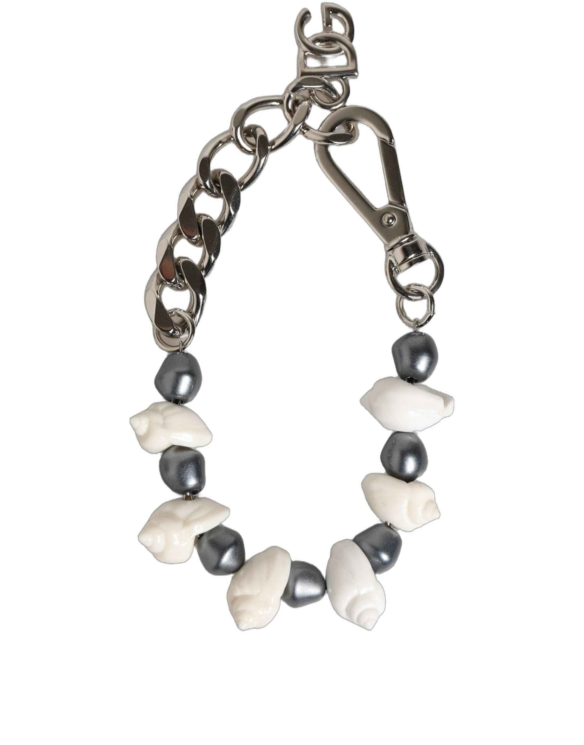 Dolce & Gabbana Silver Tone Brass Beaded Shell DG Logo Pendant Bracelet