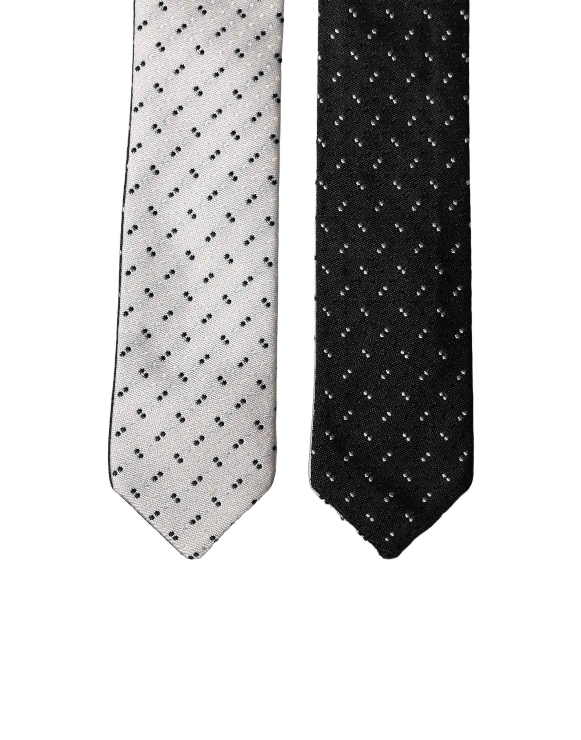 Dolce & Gabbana White Black Patterned Silk Adjustable Men Necktie Tie